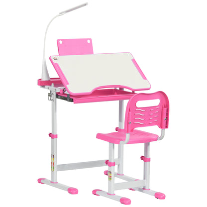 Kids Desk and Chair Set for +6 Years Height Adjustable Children Desk with Tilting Desk Lamp Drawer and Bookshelf Pink
