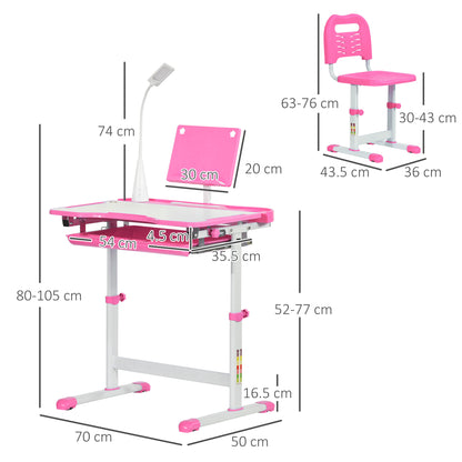 Kids Desk and Chair Set for +6 Years Height Adjustable Children Desk with Tilting Desk Lamp Drawer and Bookshelf Pink
