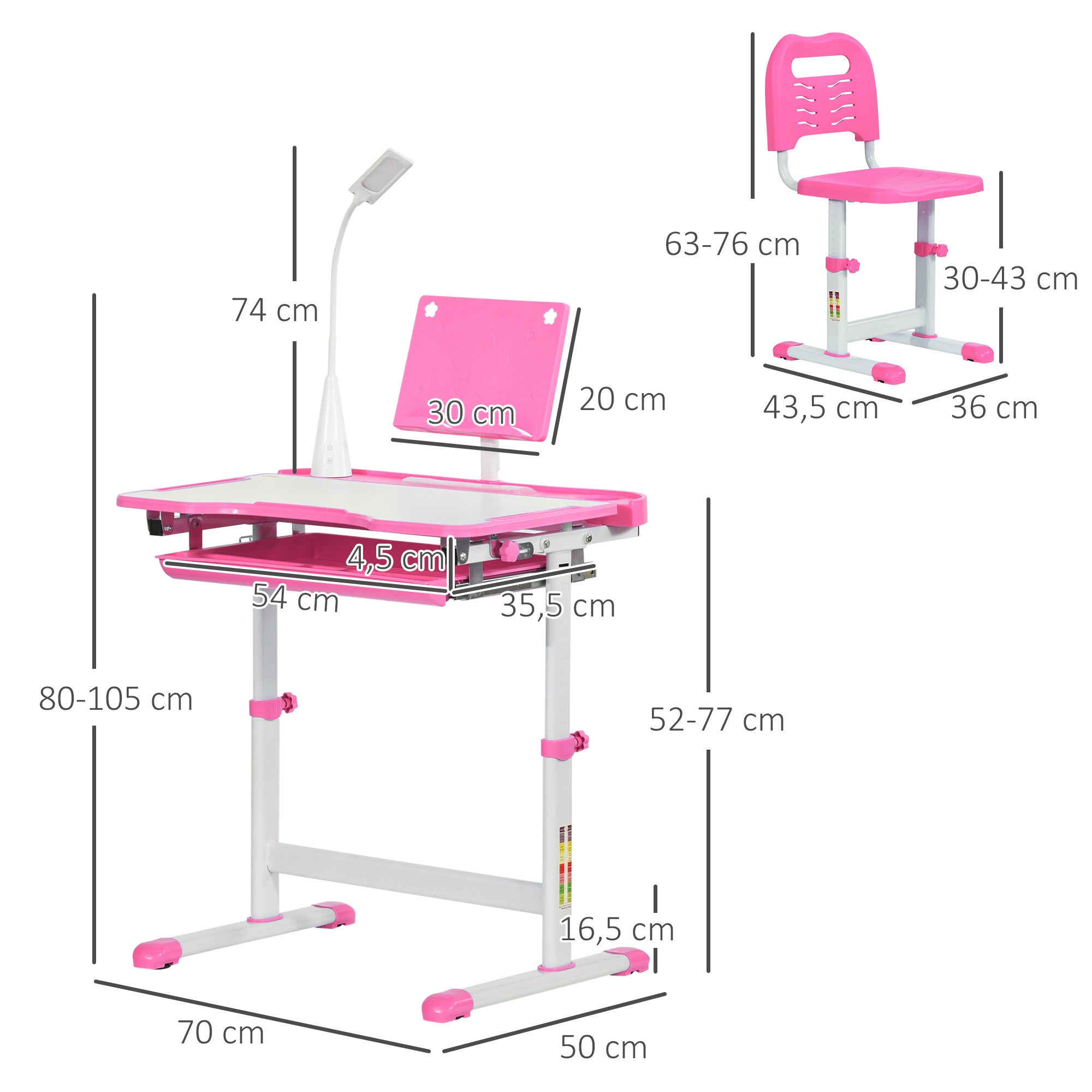 Kids Desk and Chair Set for +6 Years Height Adjustable Children Desk with Tilting Desk Lamp Drawer and Bookshelf Pink