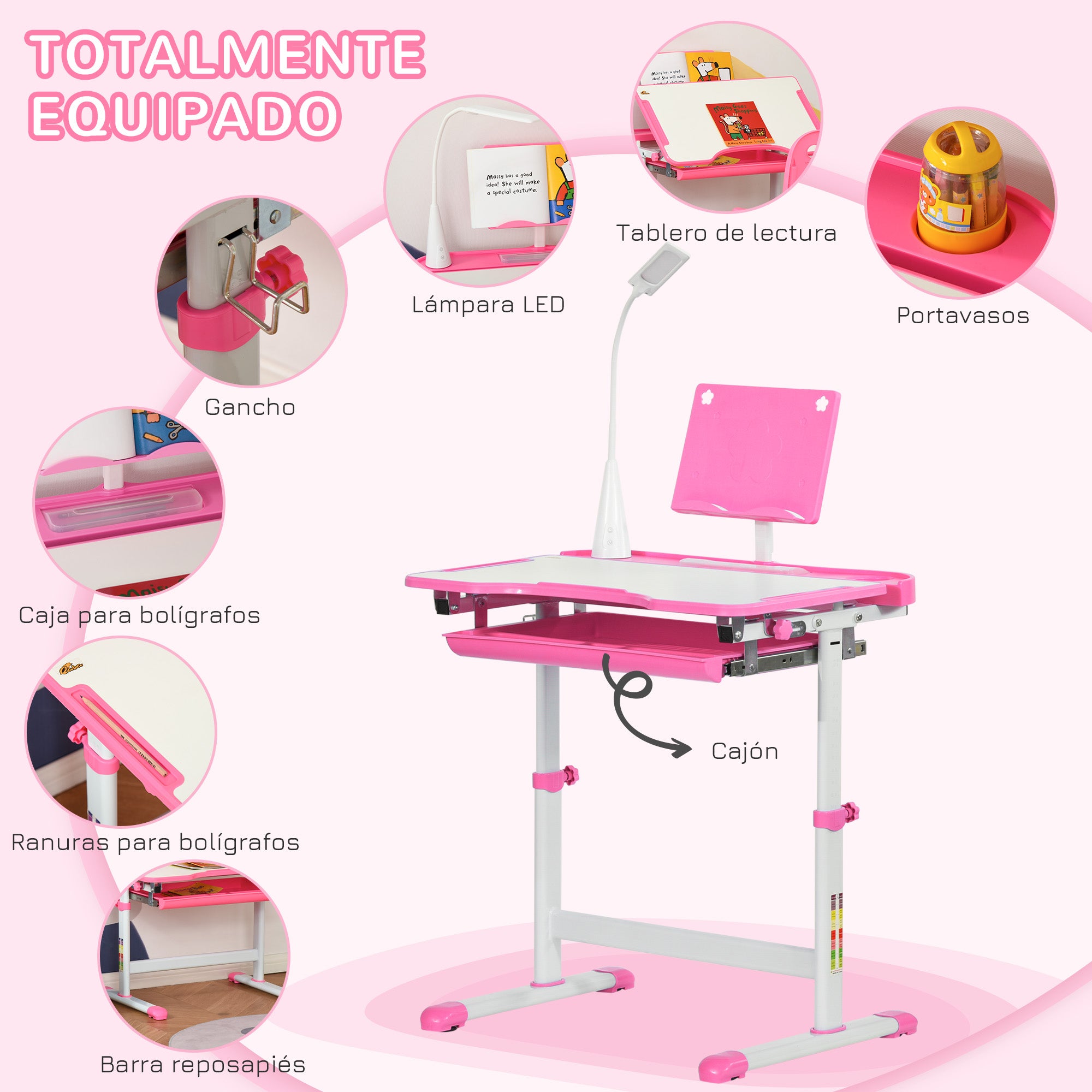 Kids Desk and Chair Set for +6 Years Height Adjustable Children Desk with Tilting Desk Lamp Drawer and Bookshelf Pink