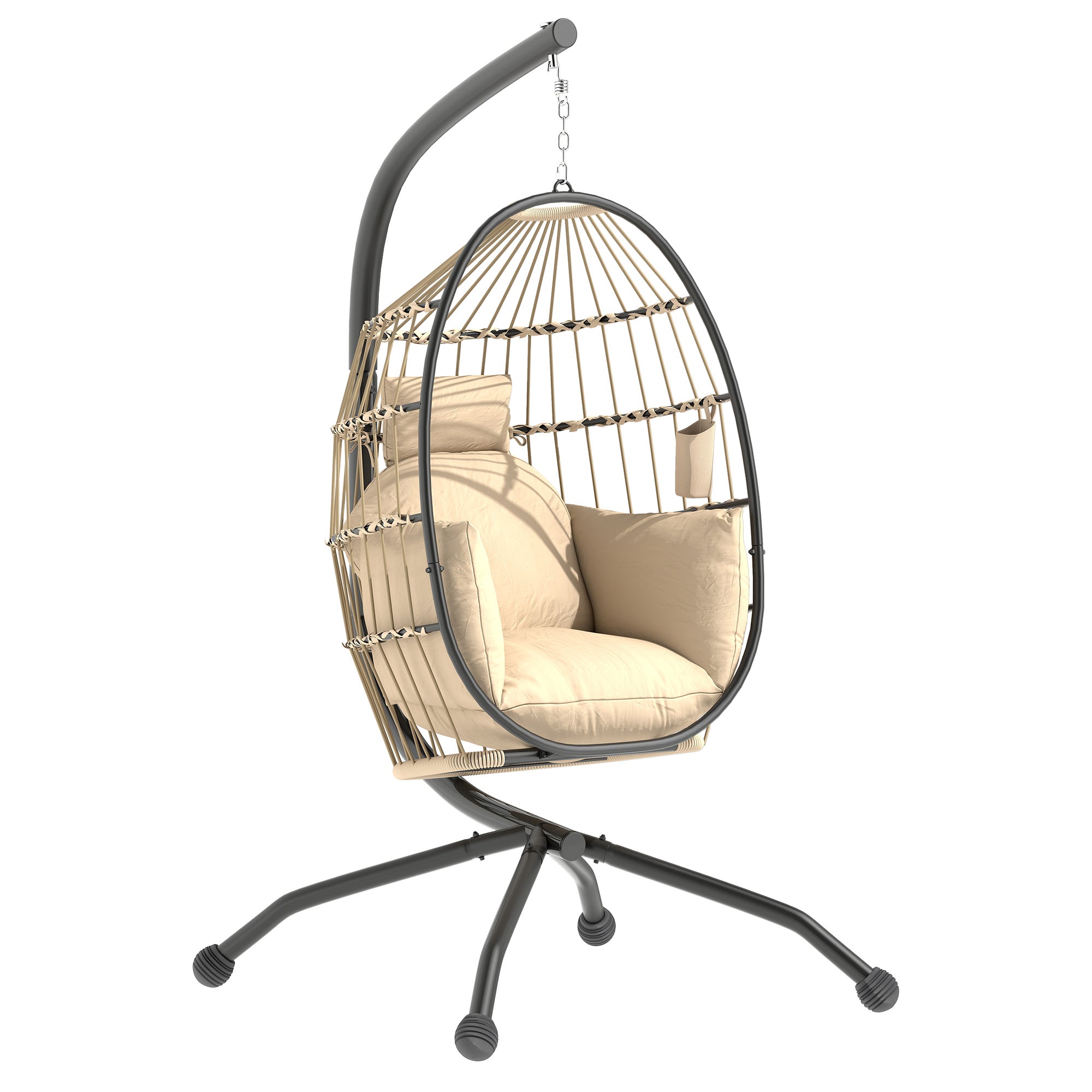 Hanging Chair, Hanging Egg Chair, Hammock Swing Chair - Foldable Basket, Padded Cushion, Cup Holder, Pillow, for Indoor and Outdoor, Khaki