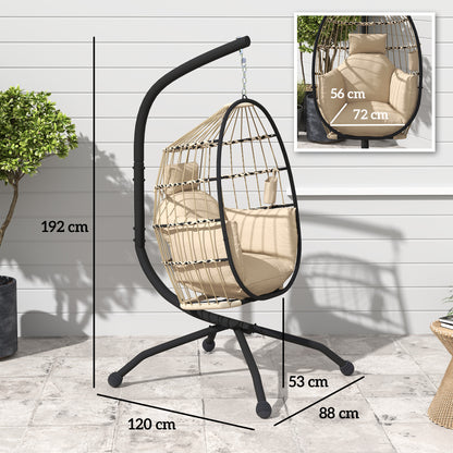 Hanging Chair, Hanging Egg Chair, Hammock Swing Chair - Foldable Basket, Padded Cushion, Cup Holder, Pillow, for Indoor and Outdoor, Khaki