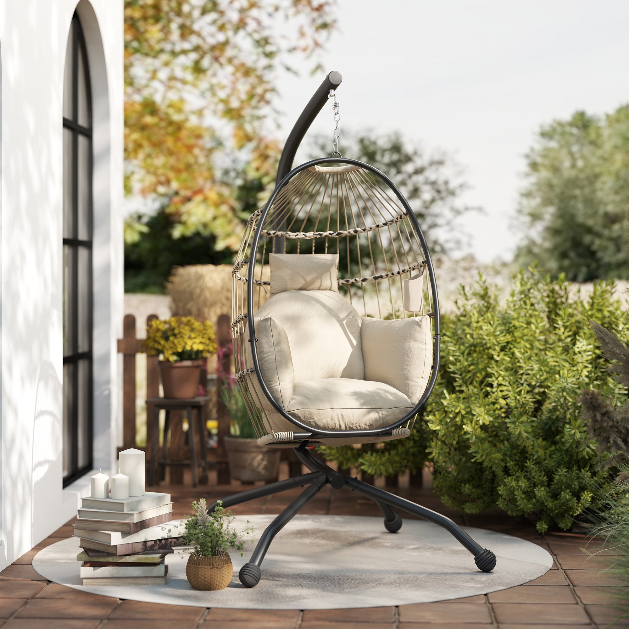 Hanging Chair, Hanging Egg Chair, Hammock Swing Chair - Foldable Basket, Padded Cushion, Cup Holder, Pillow, for Indoor and Outdoor, Khaki