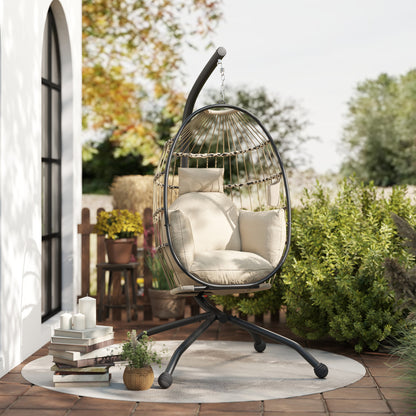 Hanging Chair, Hanging Egg Chair, Hammock Swing Chair - Foldable Basket, Padded Cushion, Cup Holder, Pillow, for Indoor and Outdoor, Khaki