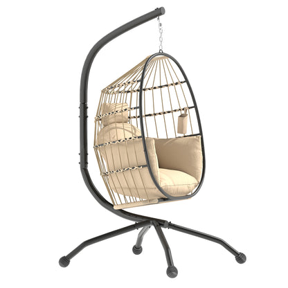 Hanging Chair, Hanging Egg Chair, Hammock Swing Chair - Foldable Basket, Padded Cushion, Cup Holder, Pillow, for Indoor and Outdoor, Khaki