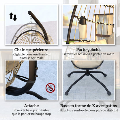 Hanging Chair, Hanging Egg Chair, Hammock Swing Chair - Foldable Basket, Padded Cushion, Cup Holder, Pillow, for Indoor and Outdoor, Khaki
