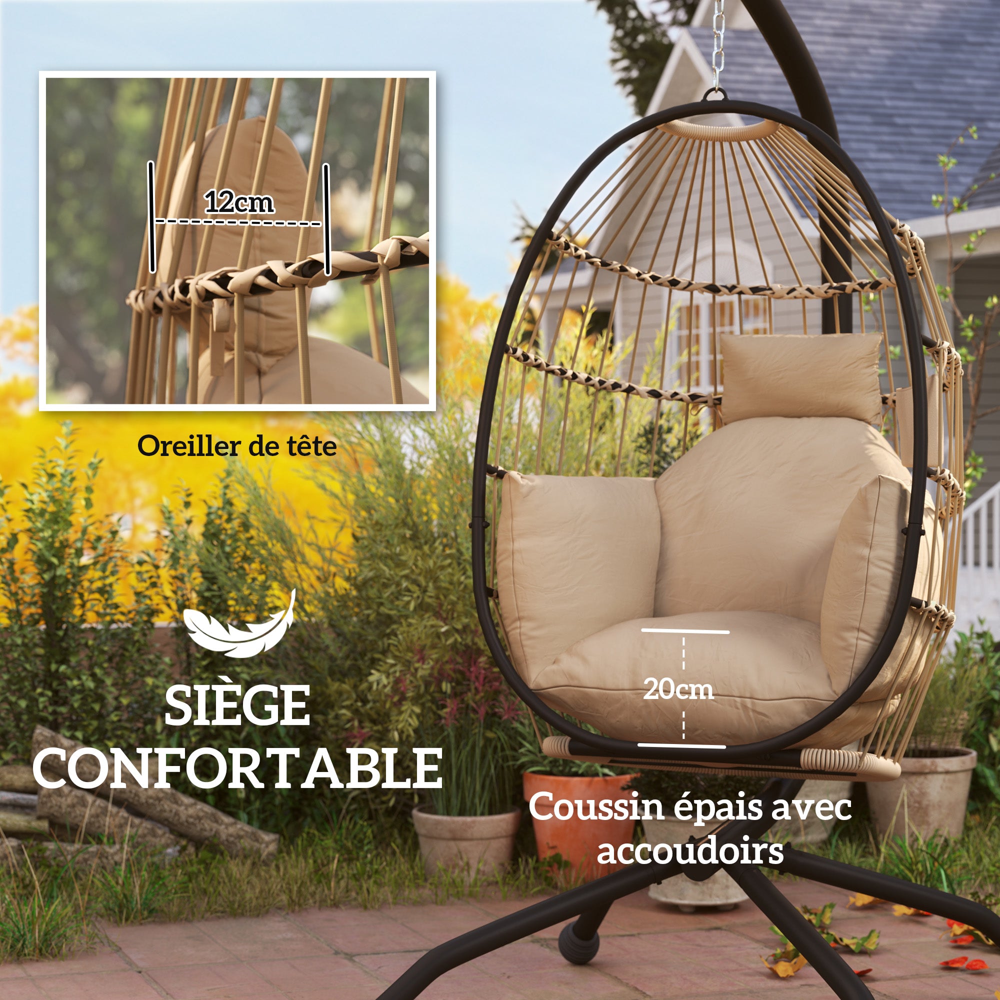 Hanging Chair, Hanging Egg Chair, Hammock Swing Chair - Foldable Basket, Padded Cushion, Cup Holder, Pillow, for Indoor and Outdoor, Khaki
