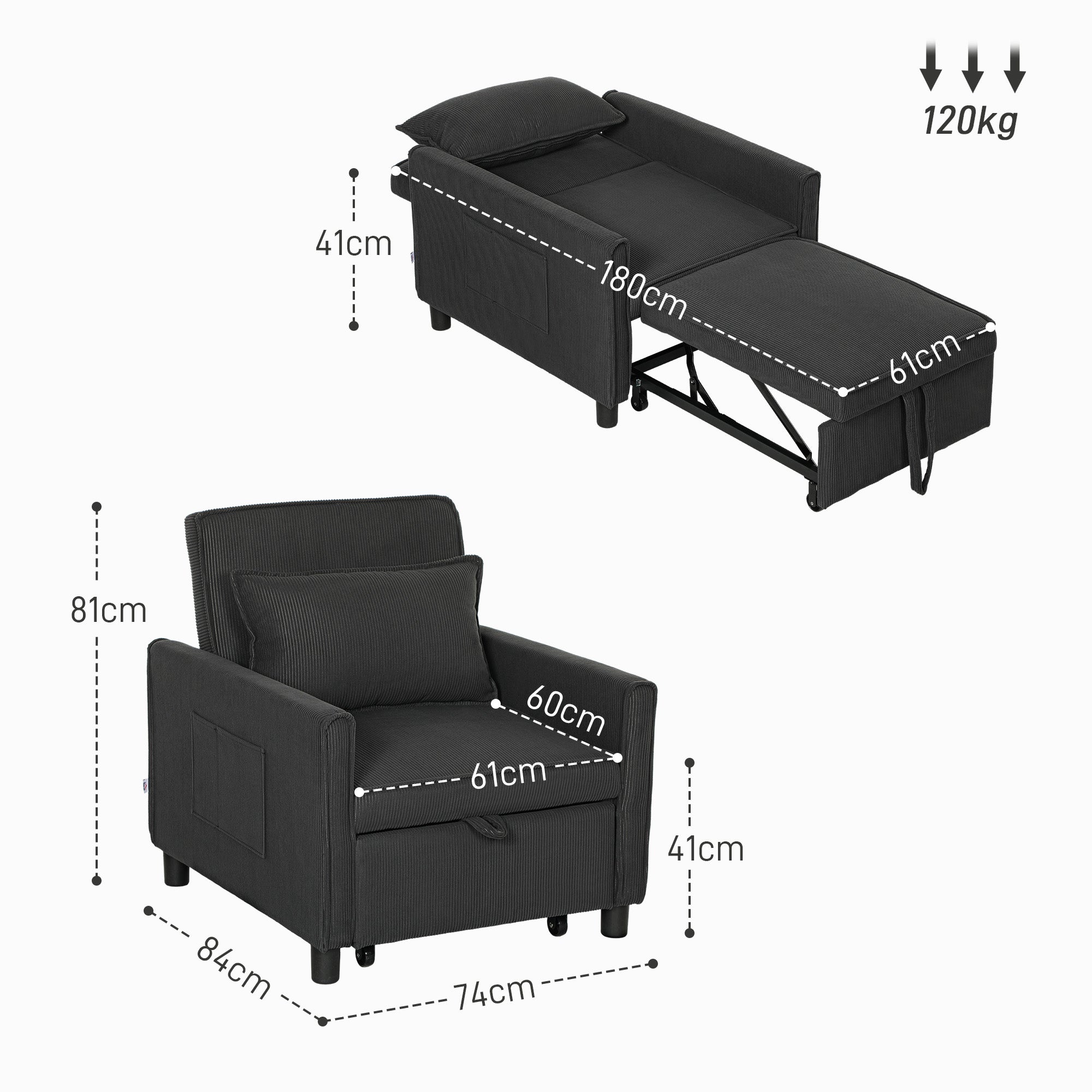 3 in 1 Sofa Bed with Side Pockets and Reclining Backrest, Modern Convertible Sofa to Reclining Sofa or Single Bed in Velvet-like Fabric, 74x84x81 cm, Dark Grey