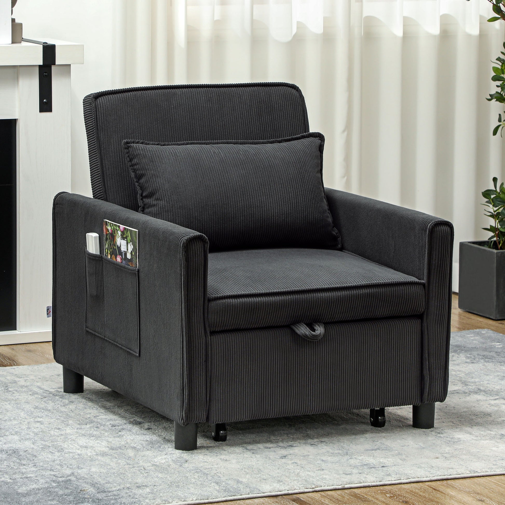 3 in 1 Sofa Bed with Side Pockets and Reclining Backrest, Modern Convertible Sofa to Reclining Sofa or Single Bed in Velvet-like Fabric, 74x84x81 cm, Dark Grey