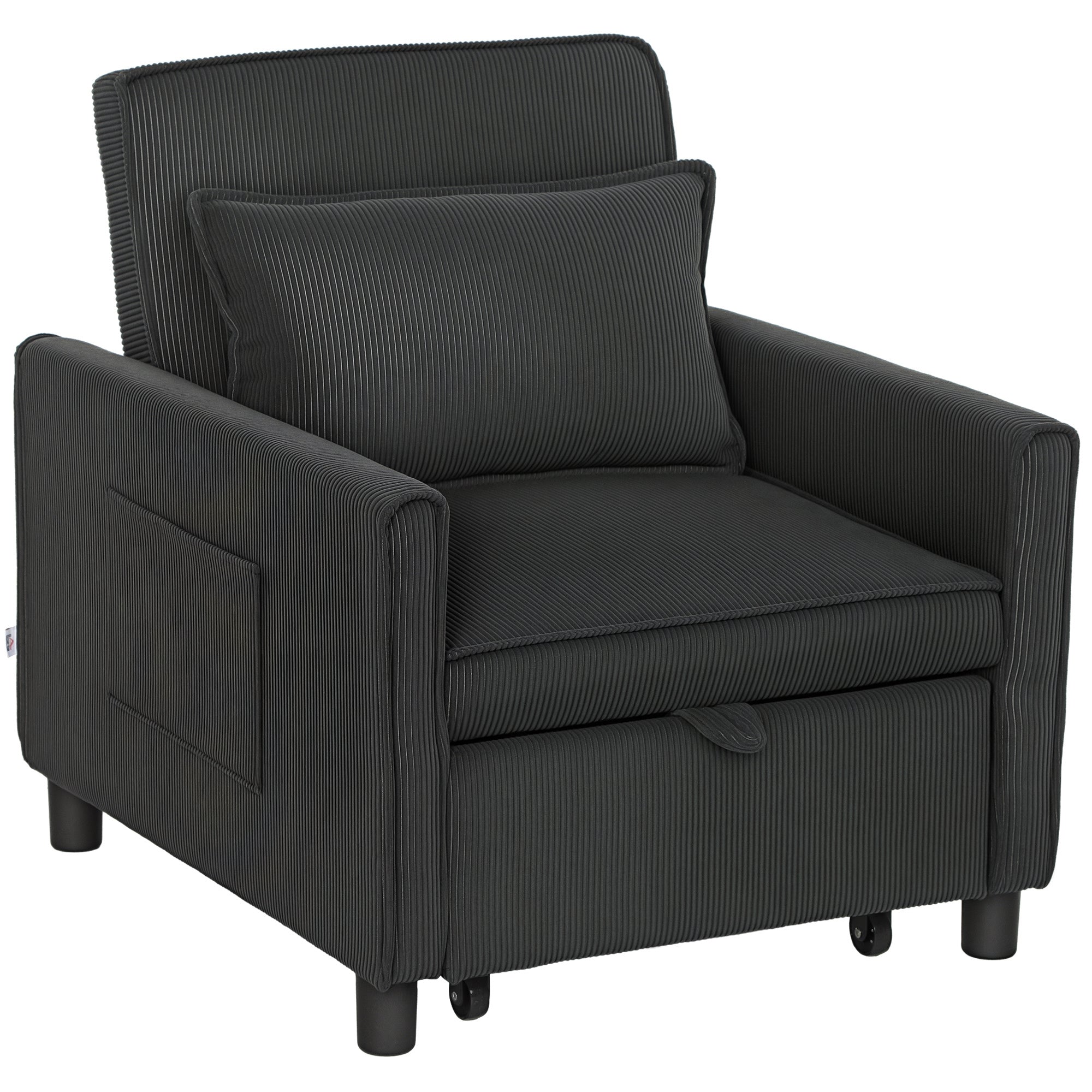3 in 1 Sofa Bed with Side Pockets and Reclining Backrest, Modern Convertible Sofa to Reclining Sofa or Single Bed in Velvet-like Fabric, 74x84x81 cm, Dark Grey