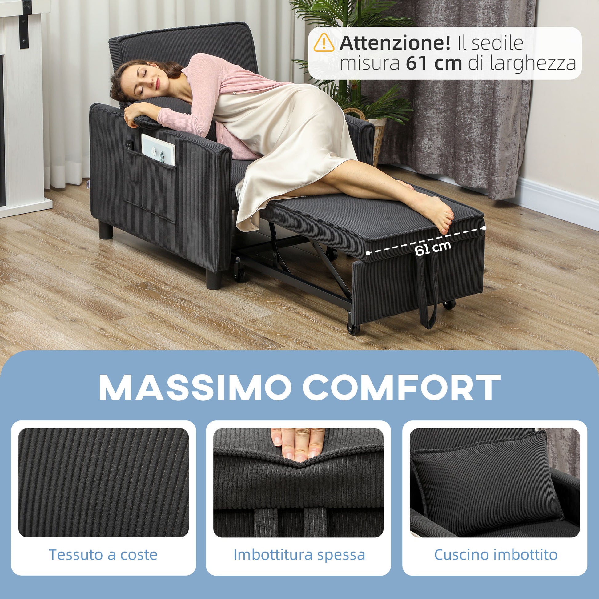3 in 1 Sofa Bed with Side Pockets and Reclining Backrest, Modern Convertible Sofa to Reclining Sofa or Single Bed in Velvet-like Fabric, 74x84x81 cm, Dark Grey