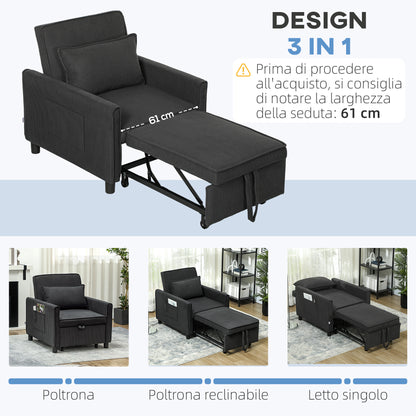 3 in 1 Sofa Bed with Side Pockets and Reclining Backrest, Modern Convertible Sofa to Reclining Sofa or Single Bed in Velvet-like Fabric, 74x84x81 cm, Dark Grey