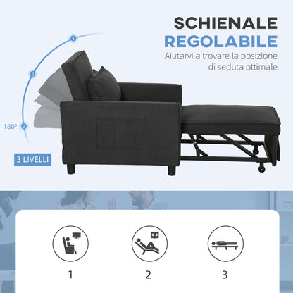 3 in 1 Sofa Bed with Side Pockets and Reclining Backrest, Modern Convertible Sofa to Reclining Sofa or Single Bed in Velvet-like Fabric, 74x84x81 cm, Dark Grey