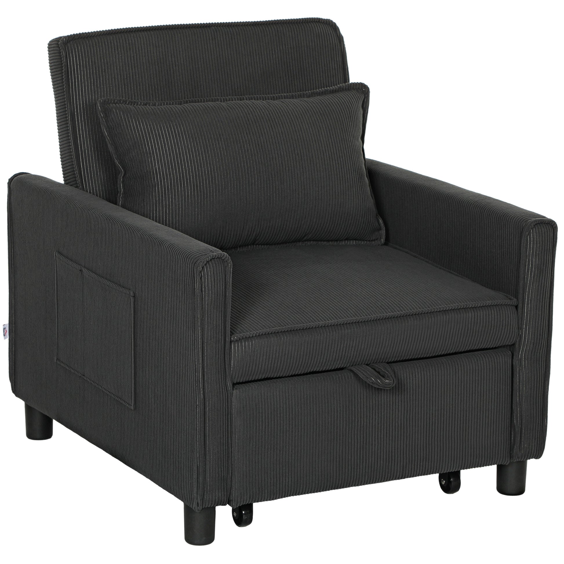 3 in 1 Sofa Bed with Side Pockets and Reclining Backrest, Modern Convertible Sofa to Reclining Sofa or Single Bed in Velvet-like Fabric, 74x84x81 cm, Dark Grey