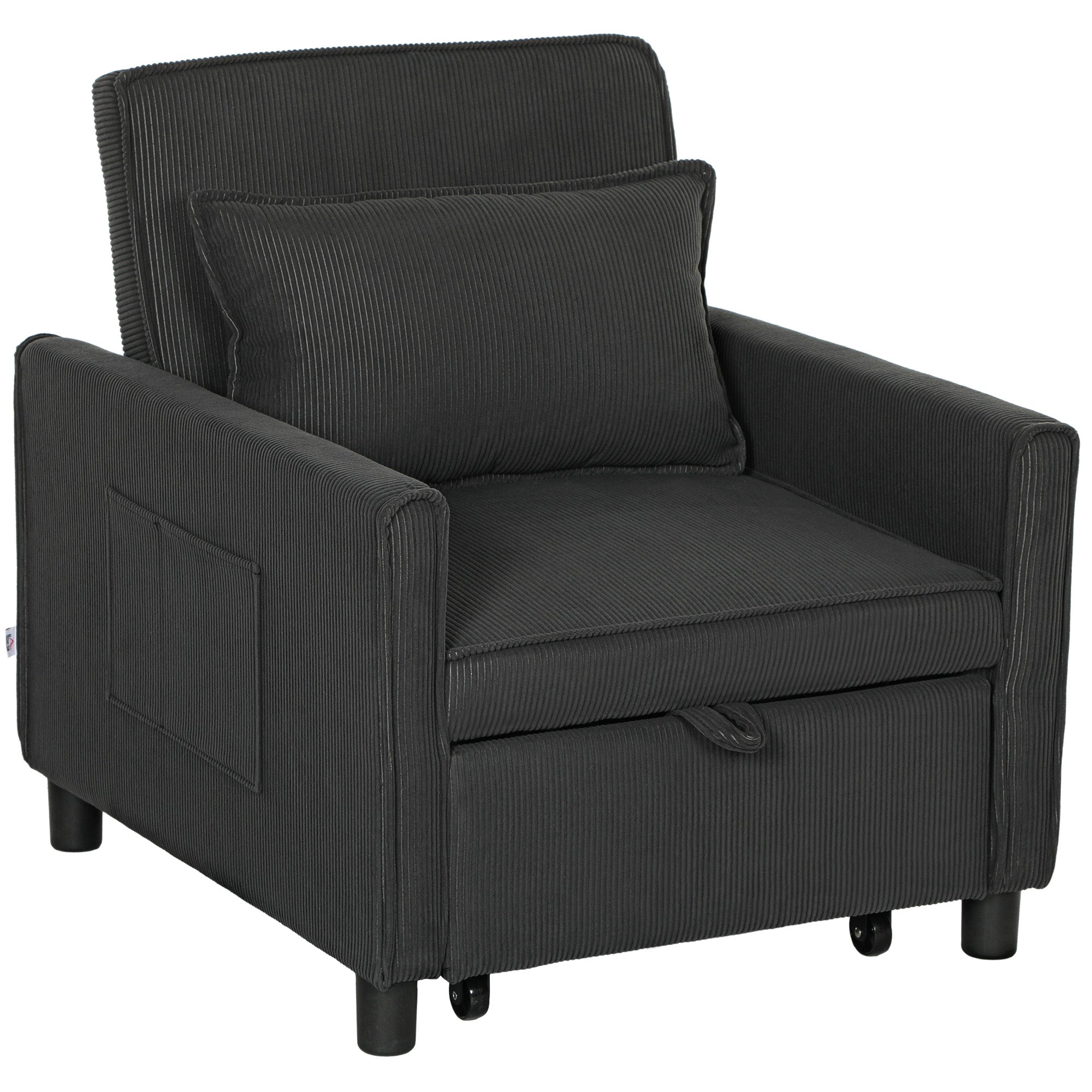 3 in 1 Sofa Bed with Side Pockets and Reclining Backrest, Modern Convertible Sofa to Reclining Sofa or Single Bed in Velvet-like Fabric, 74x84x81 cm, Dark Grey