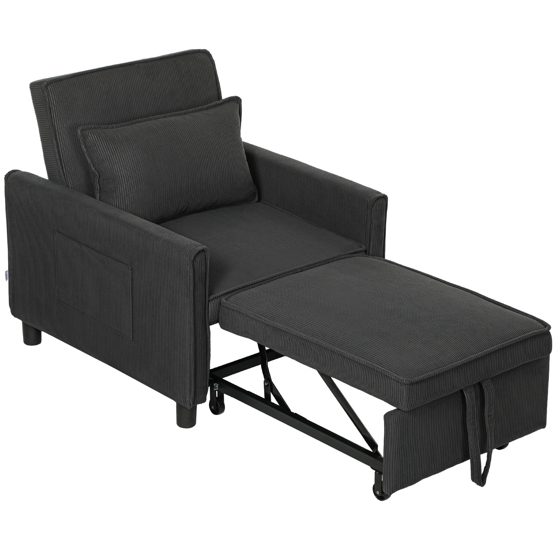 3 in 1 Sofa Bed with Side Pockets and Reclining Backrest, Modern Convertible Sofa to Reclining Sofa or Single Bed in Velvet-like Fabric, 74x84x81 cm, Dark Grey