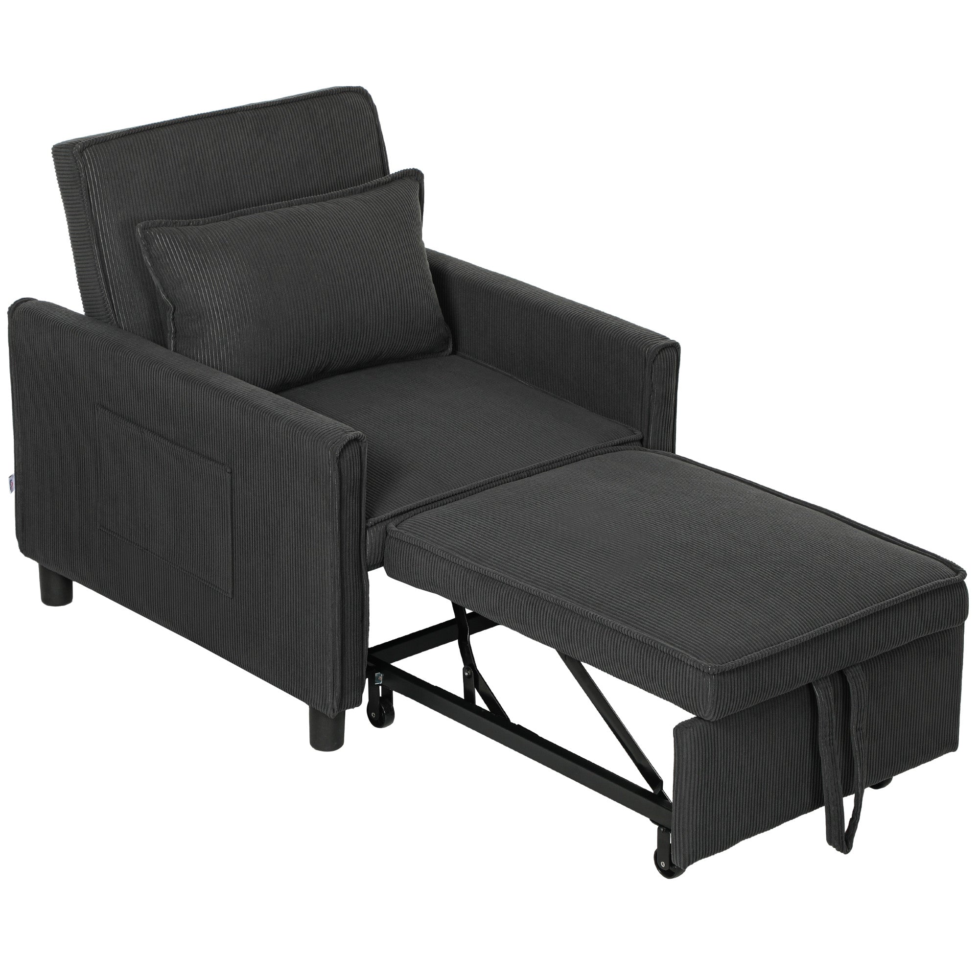 3 in 1 Sofa Bed with Side Pockets and Reclining Backrest, Modern Convertible Sofa to Reclining Sofa or Single Bed in Velvet-like Fabric, 74x84x81 cm, Dark Grey