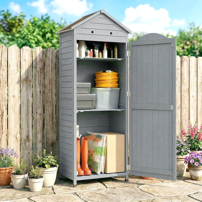 Extra-Tall Wooden Garden Storage Shed with Adjustable Shelves, Magnetic Door, Galvanized Roof, Ventilation & Anti-Tip Kit, 85 x 58 x 213 cm (33.5 x 22.8 x 84 in) – Gray