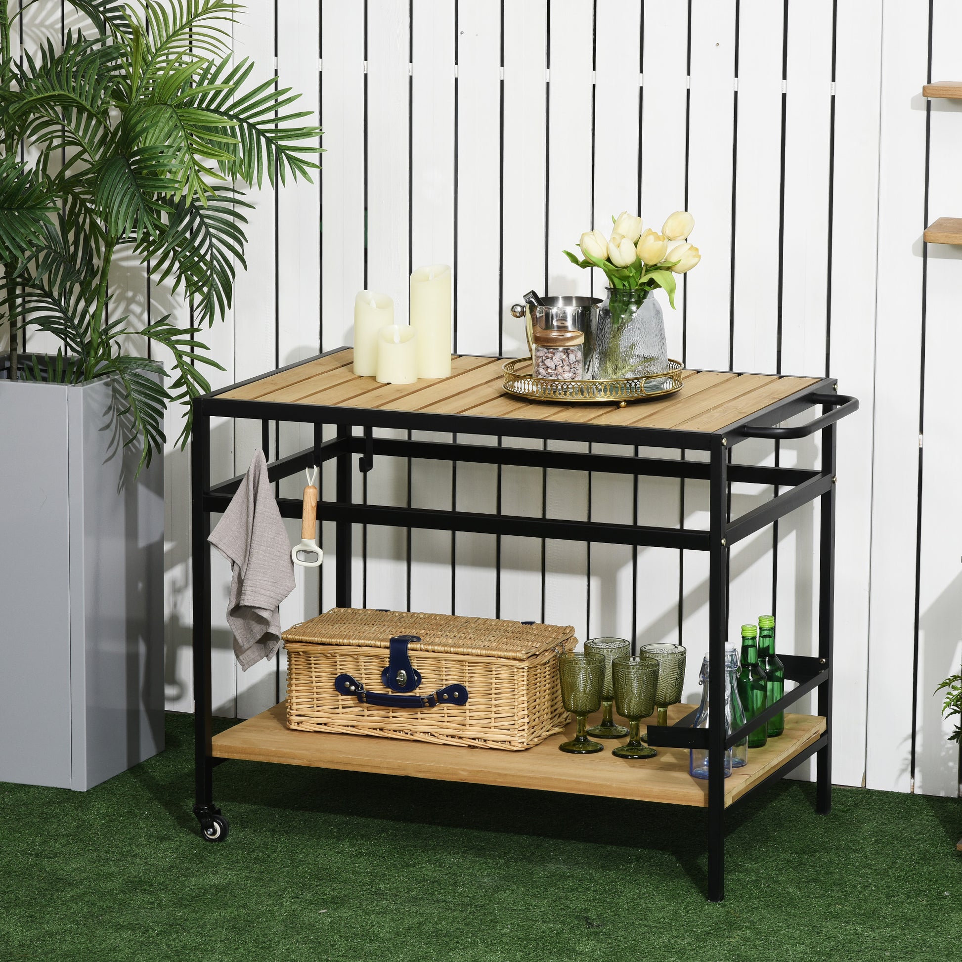 Serving Trolley, Barbecue Trolley with 2 Shelves, Garden Cart with Hooks, Outdoor Multipurpose Table with Wheels, for Garden, Balcony, Natural, 107 x 65 x 80cm