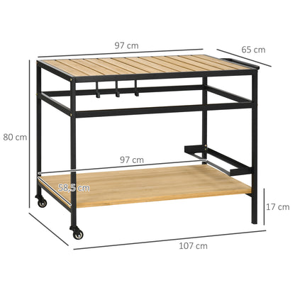 Serving Trolley, Barbecue Trolley with 2 Shelves, Garden Cart with Hooks, Outdoor Multipurpose Table with Wheels, for Garden, Balcony, Natural, 107 x 65 x 80cm