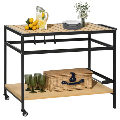 Serving Trolley, Barbecue Trolley with 2 Shelves, Garden Cart with Hooks, Outdoor Multipurpose Table with Wheels, for Garden, Balcony, Natural, 107 x 65 x 80cm