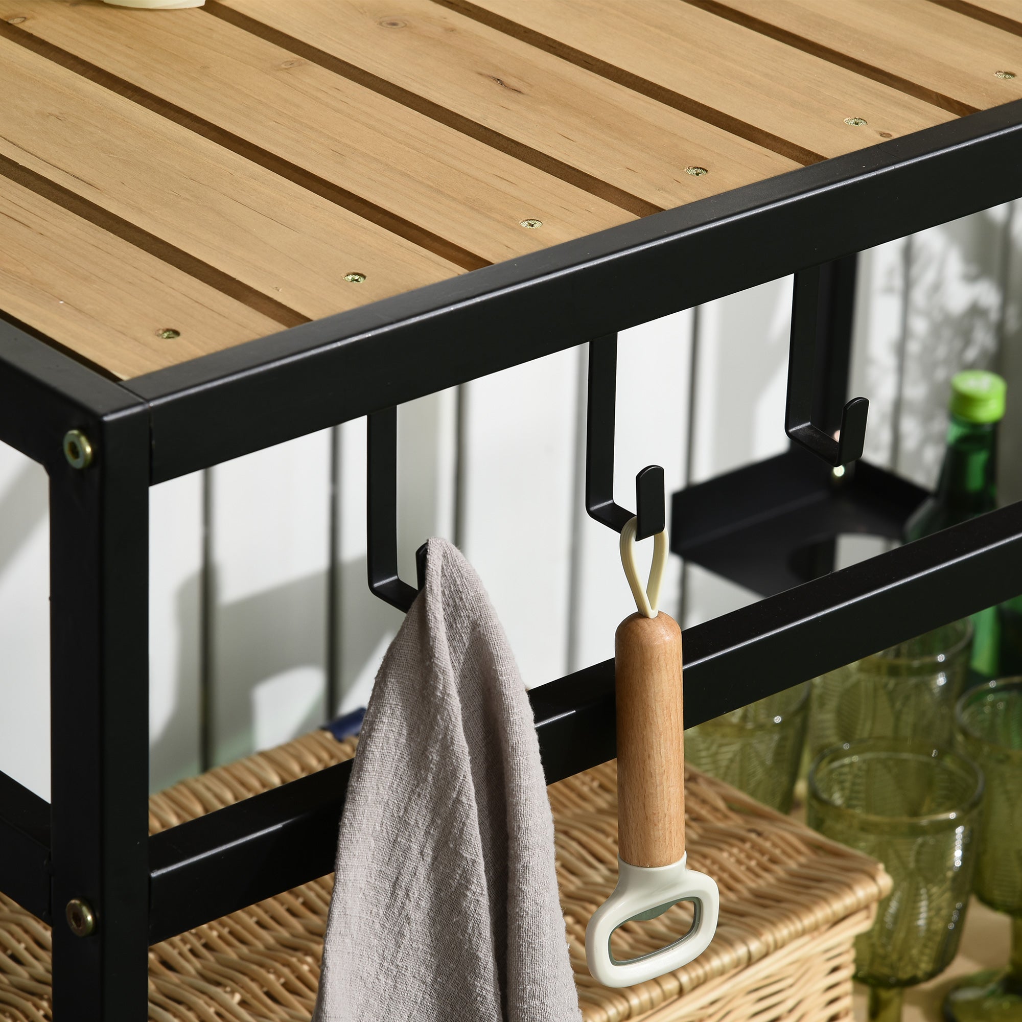 Serving Trolley, Barbecue Trolley with 2 Shelves, Garden Cart with Hooks, Outdoor Multipurpose Table with Wheels, for Garden, Balcony, Natural, 107 x 65 x 80cm