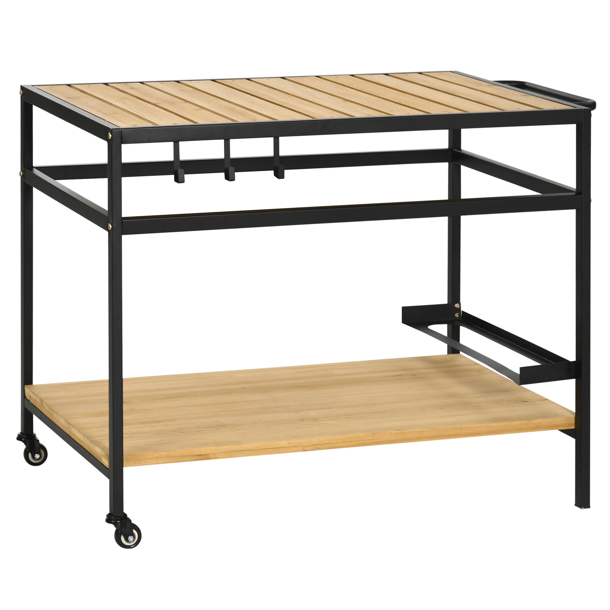 Serving Trolley, Barbecue Trolley with 2 Shelves, Garden Cart with Hooks, Outdoor Multipurpose Table with Wheels, for Garden, Balcony, Natural, 107 x 65 x 80cm
