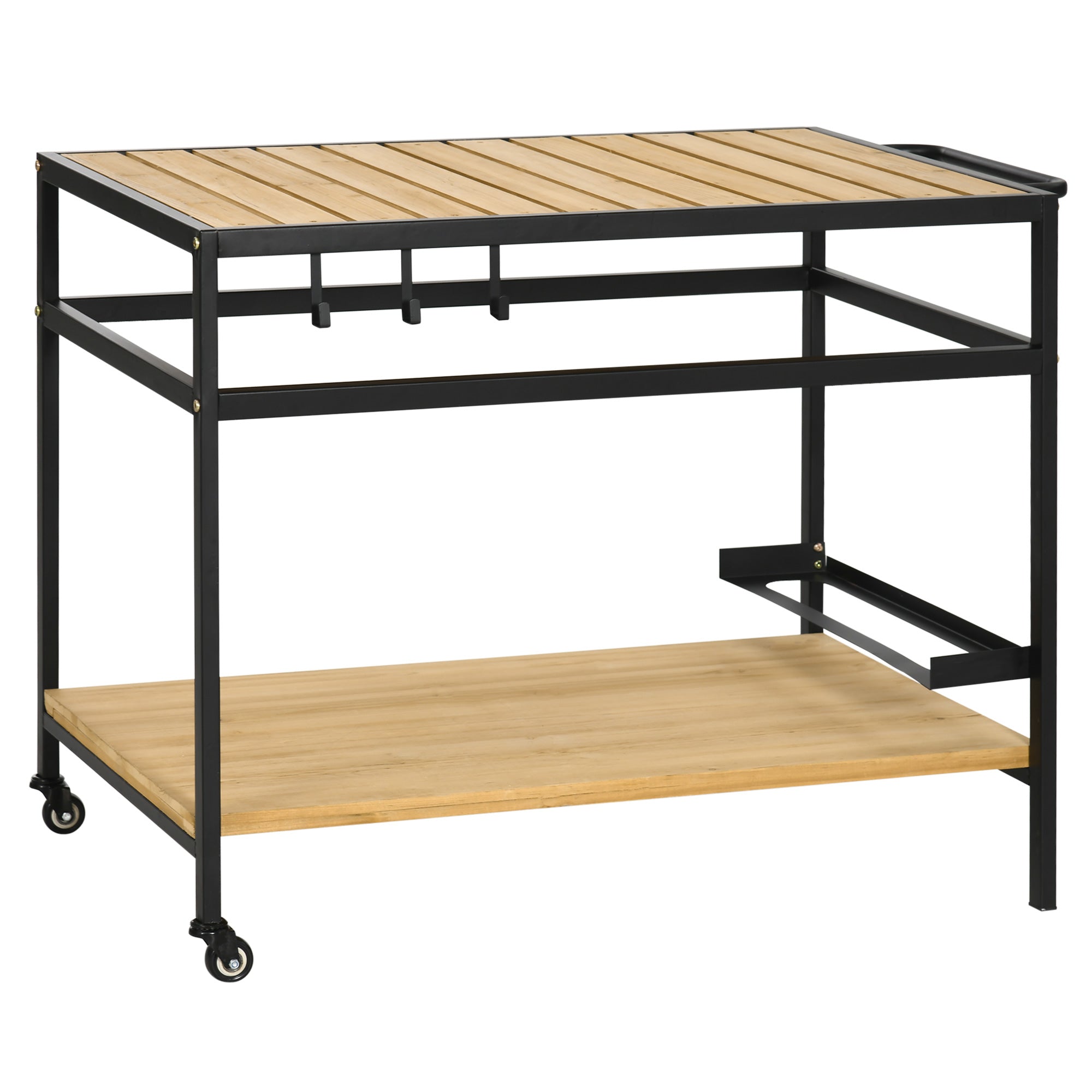 Serving Trolley, Barbecue Trolley with 2 Shelves, Garden Cart with Hooks, Outdoor Multipurpose Table with Wheels, for Garden, Balcony, Natural, 107 x 65 x 80cm