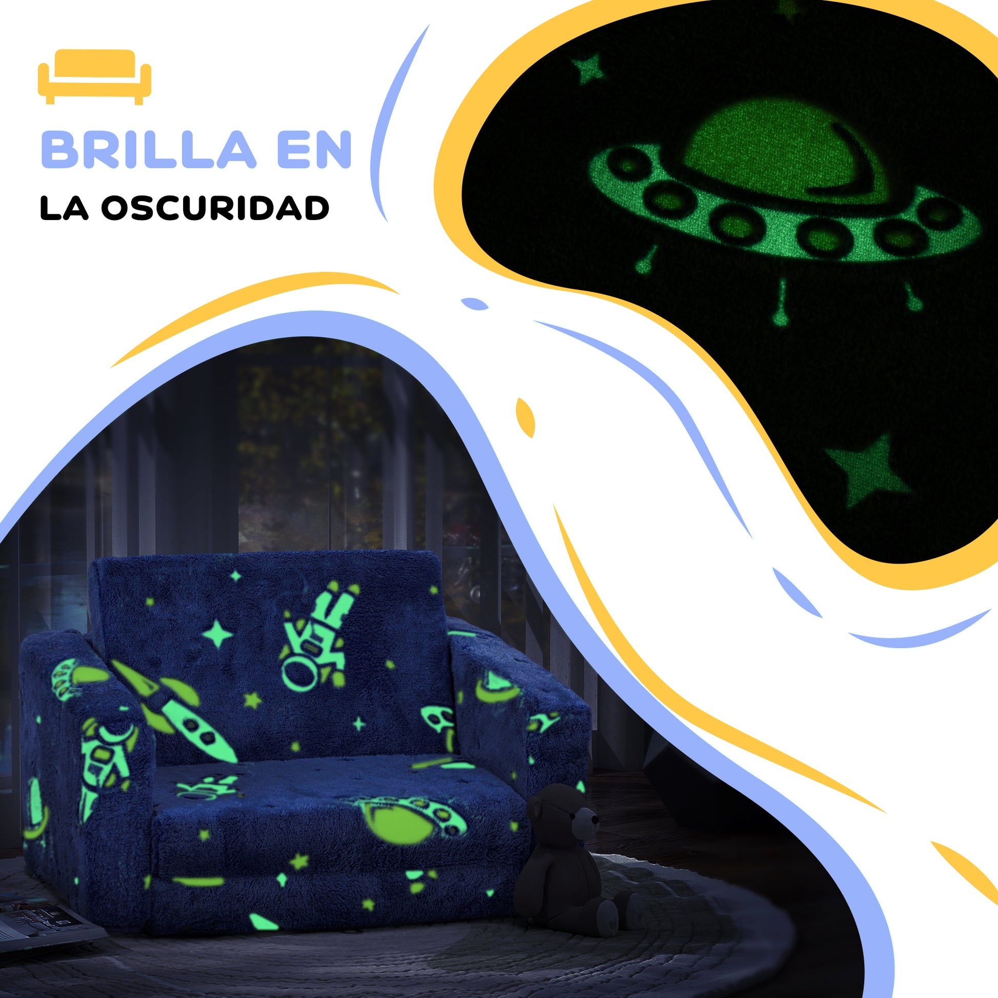 Foldable Children's Armchair Kids Reclining Sofa 2 in 1 Sofa for Babies Luminous Fabric Upholstered Washable Cushion and Cover for Bedroom Living Room Blue