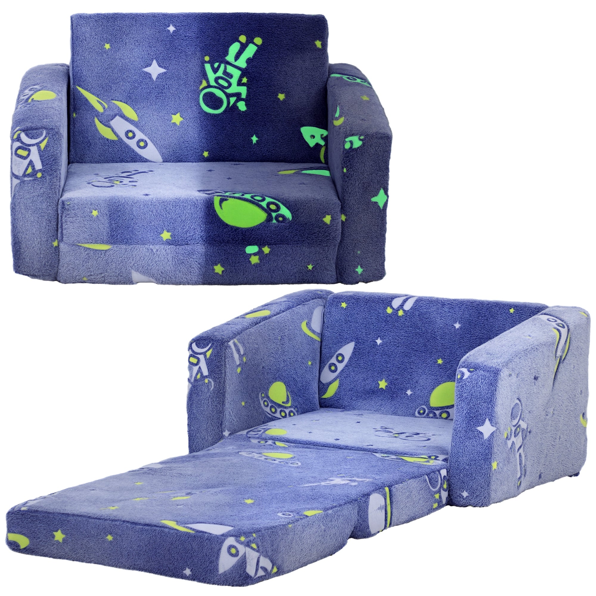 Foldable Children's Armchair Kids Reclining Sofa 2 in 1 Sofa for Babies Luminous Fabric Upholstered Washable Cushion and Cover for Bedroom Living Room Blue