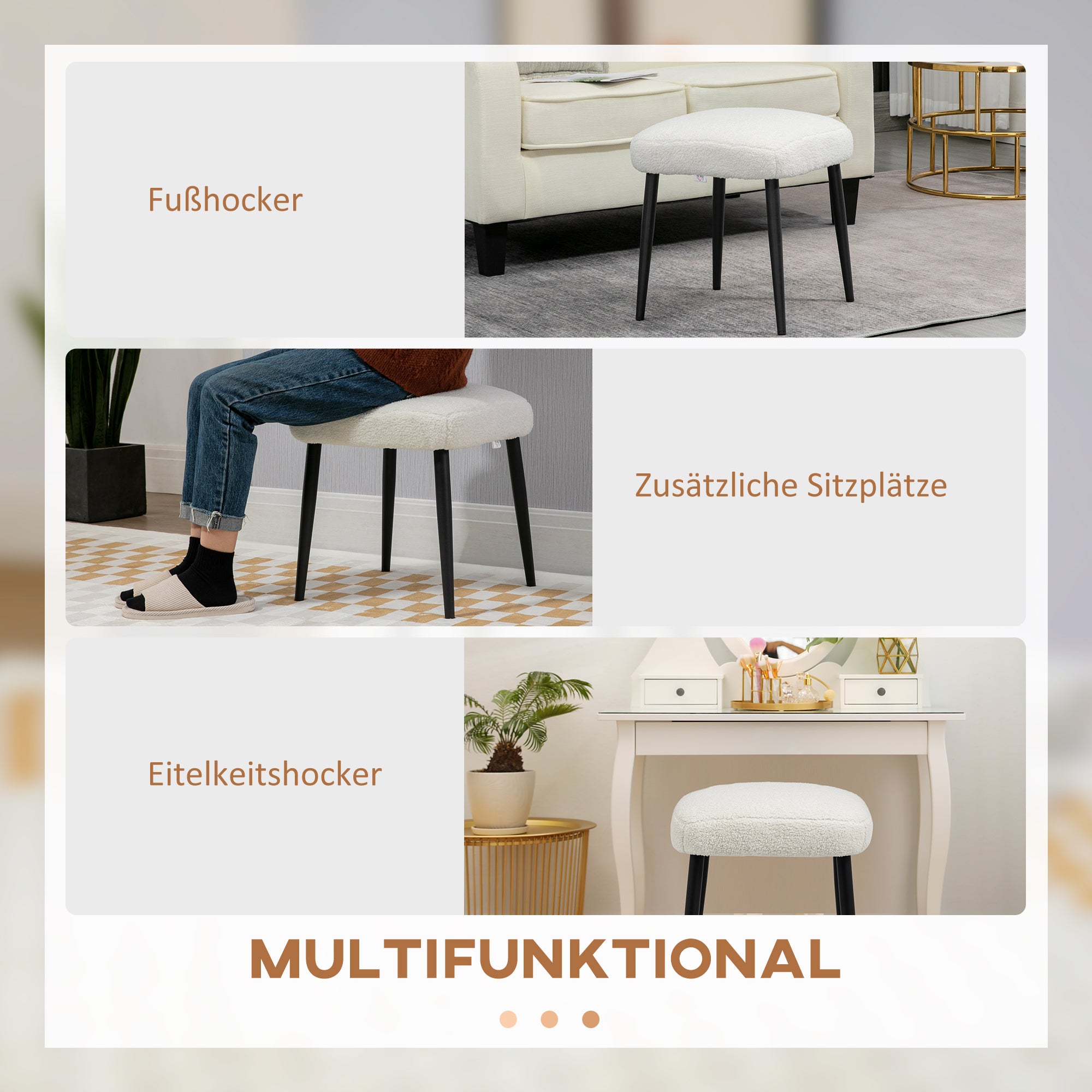 Footstool Seat Stool Square Vanity Stool Footrest with Cashmere-look, Steel Legs, for Living Room, Bedroom, Cream White, 42 x 42 x 47 cm