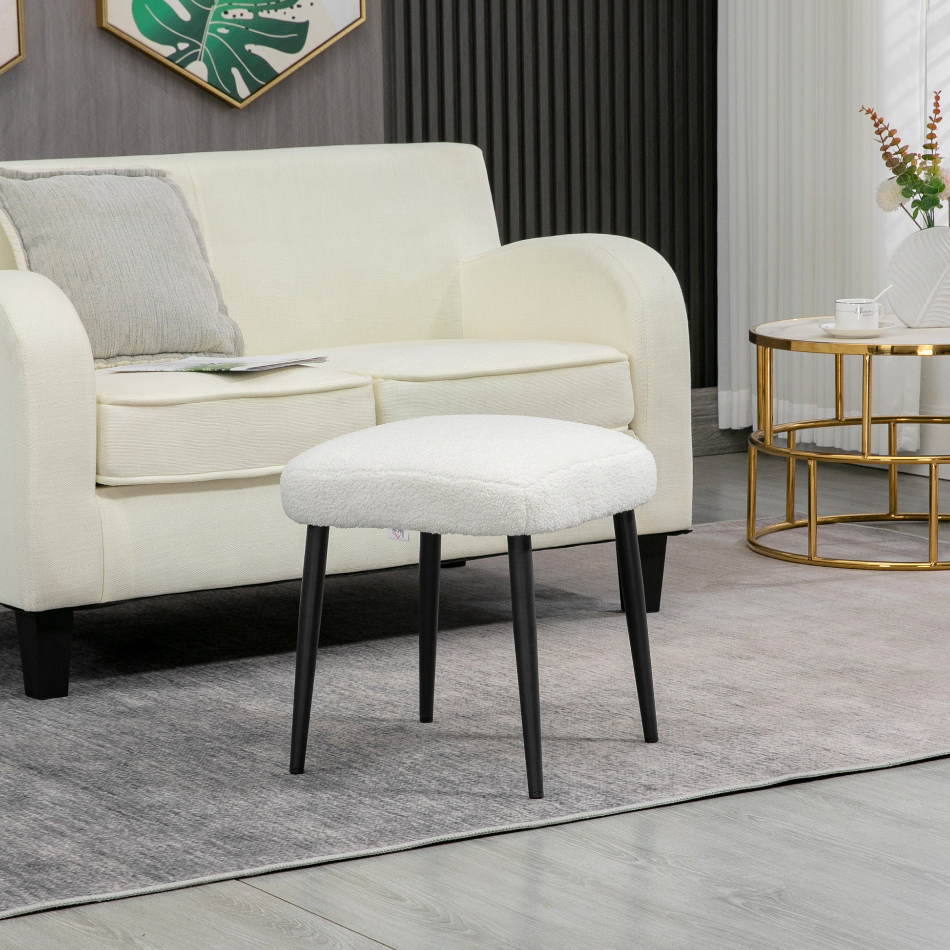 Footstool Seat Stool Square Vanity Stool Footrest with Cashmere-look, Steel Legs, for Living Room, Bedroom, Cream White, 42 x 42 x 47 cm