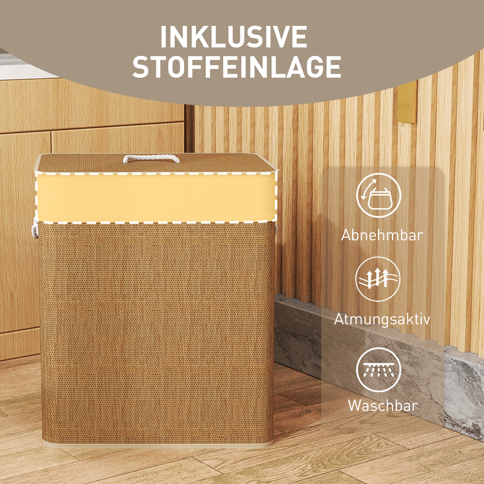 Bamboo Laundry Basket with Lid 100 L Laundry Collector with Rope Handles, Removable Laundry Bag, Laundry Baskets Laundry Sorter for Laundry Room Bedroom Bathroom Brown