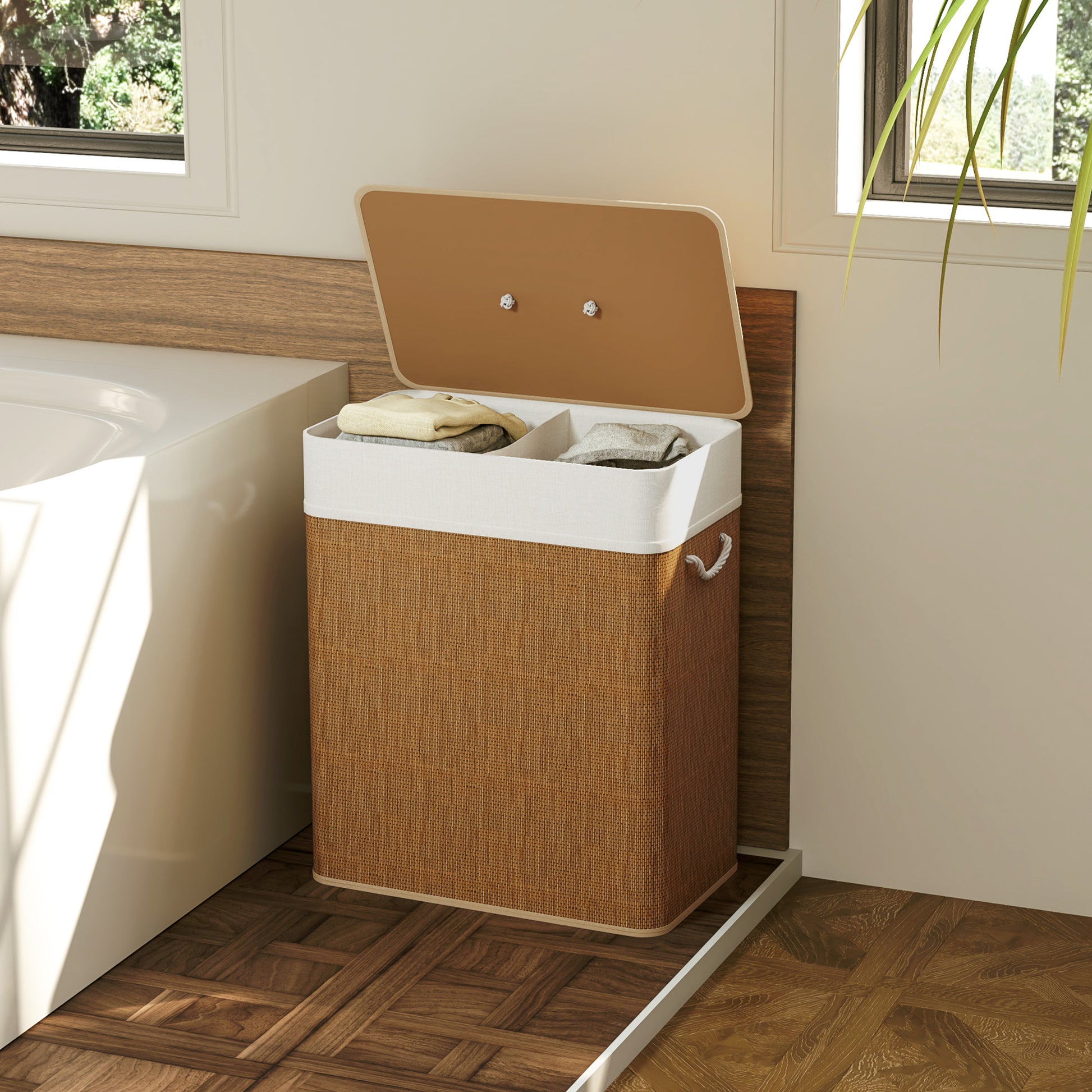 Bamboo Laundry Basket with Lid 100 L Laundry Collector with Rope Handles, Removable Laundry Bag, Laundry Baskets Laundry Sorter for Laundry Room Bedroom Bathroom Brown