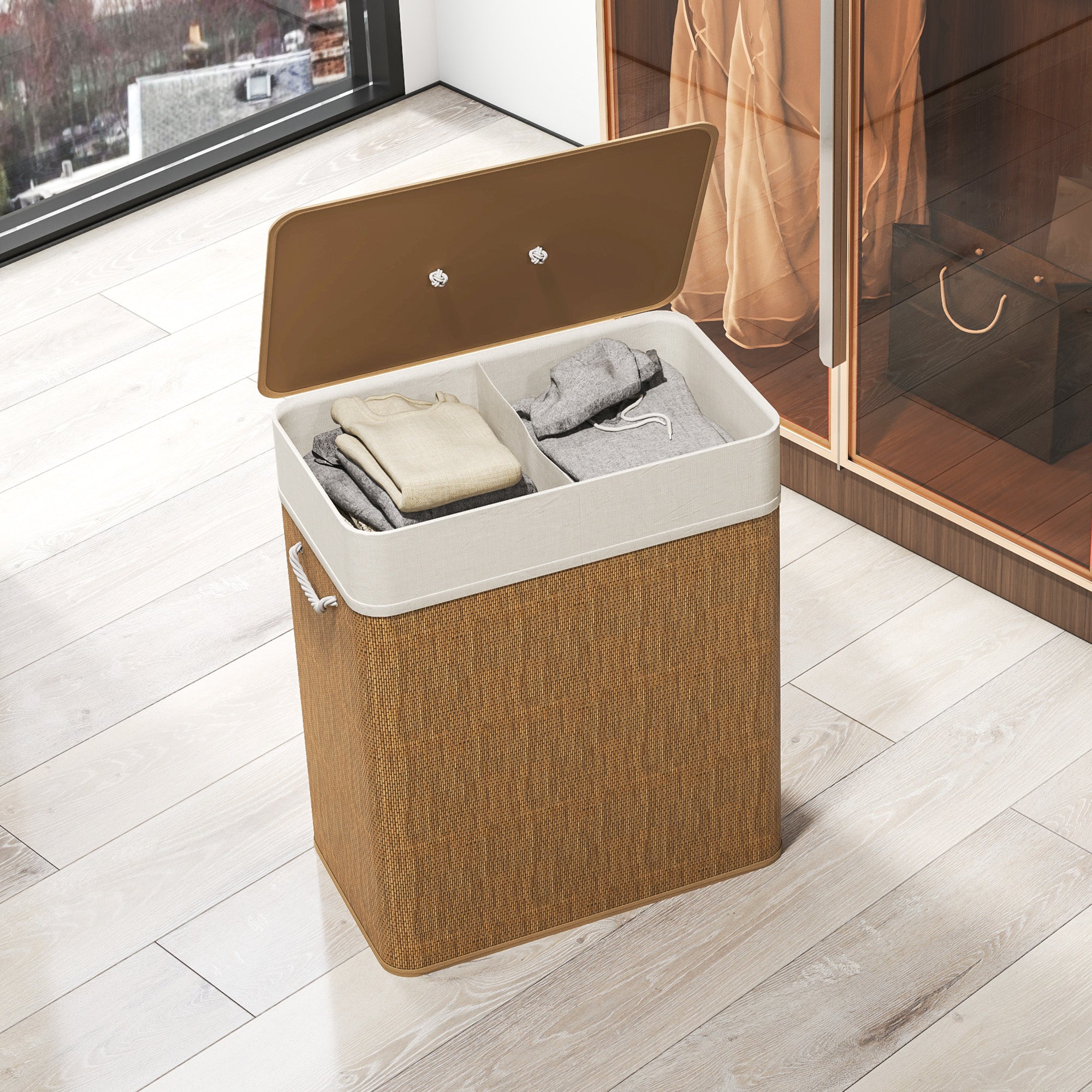 Bamboo Laundry Basket with Lid 100 L Laundry Collector with Rope Handles, Removable Laundry Bag, Laundry Baskets Laundry Sorter for Laundry Room Bedroom Bathroom Brown