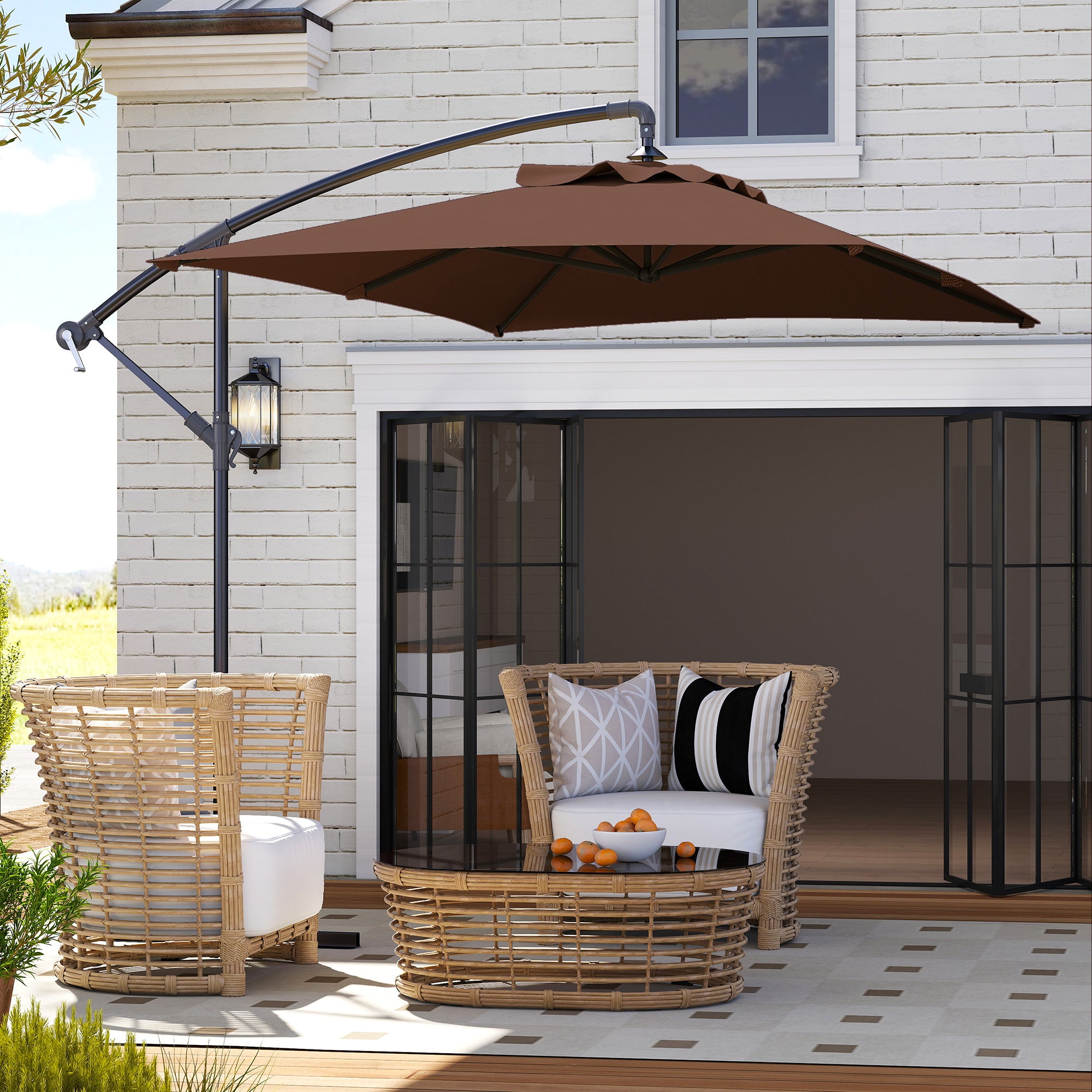 Offset Umbrella 294x193 cm Garden Umbrella with Cross Base and Crank Waterproof UV Protection Umbrella for Terrace Patio Brown