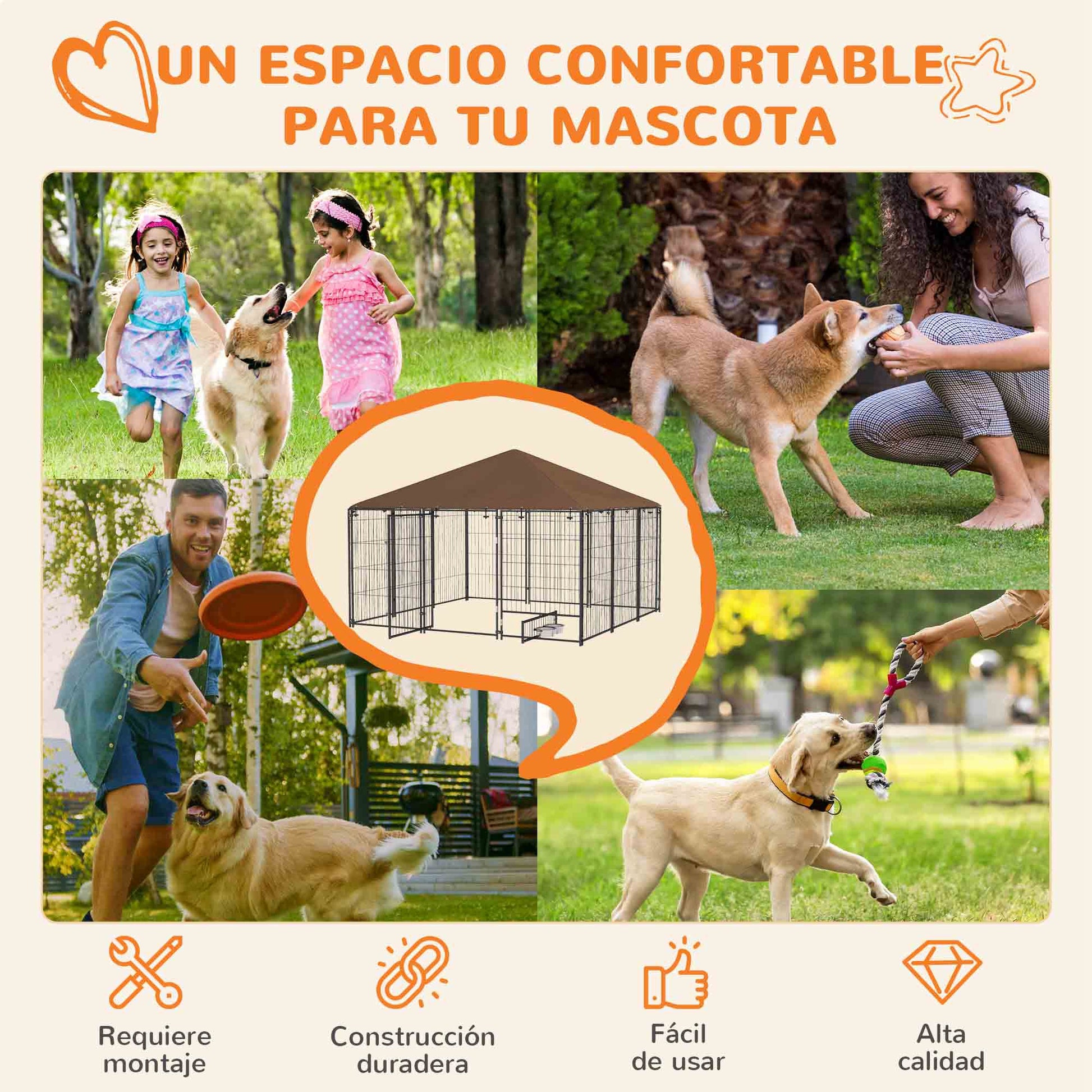 Dog Playpen with Canopy Outdoor Metal Pet Enclosure with Rotating Feeder 2 Bowls for Patio Garden Terrace 211x211x151 cm Black
