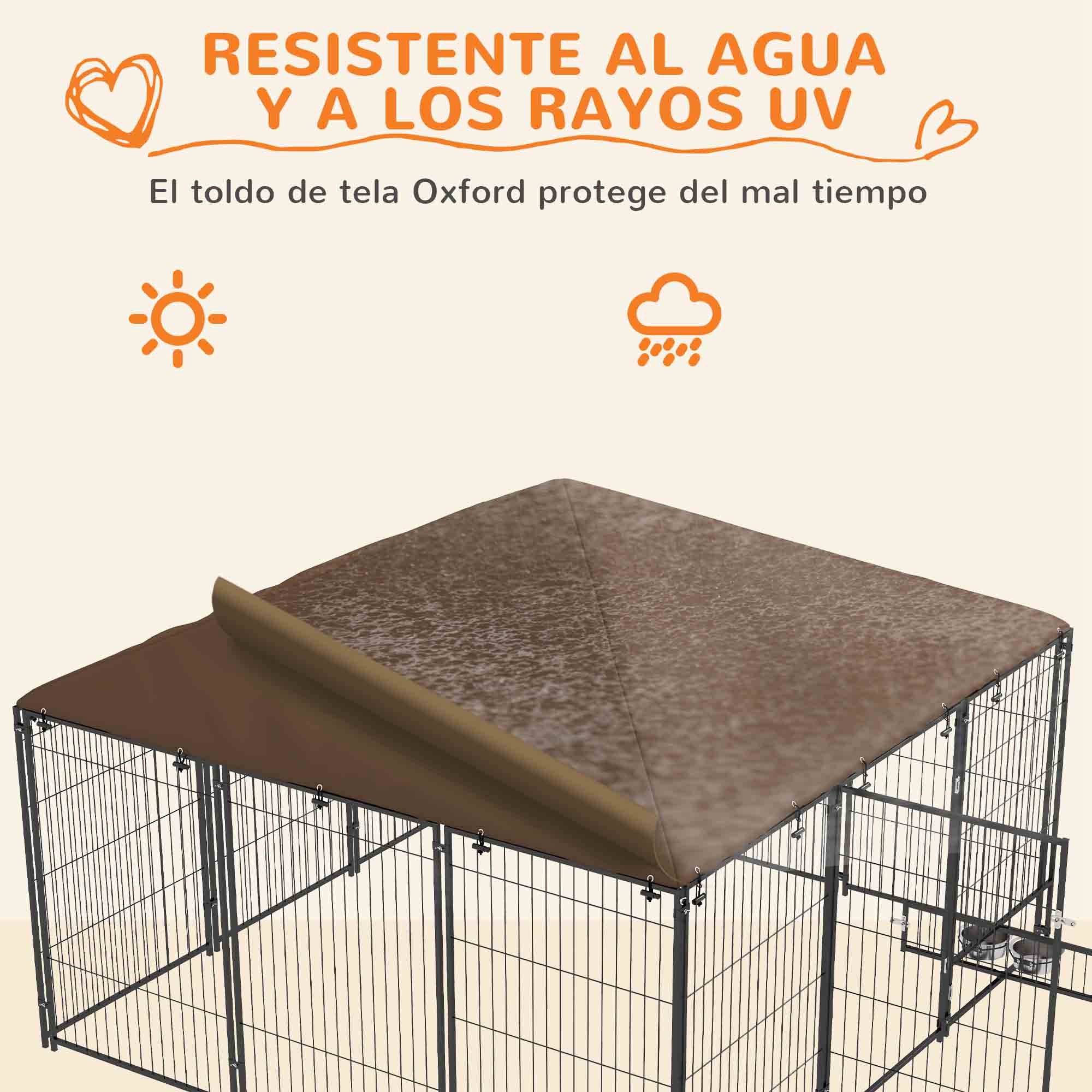 Dog Playpen with Canopy Outdoor Metal Pet Enclosure with Rotating Feeder 2 Bowls for Patio Garden Terrace 211x211x151 cm Black