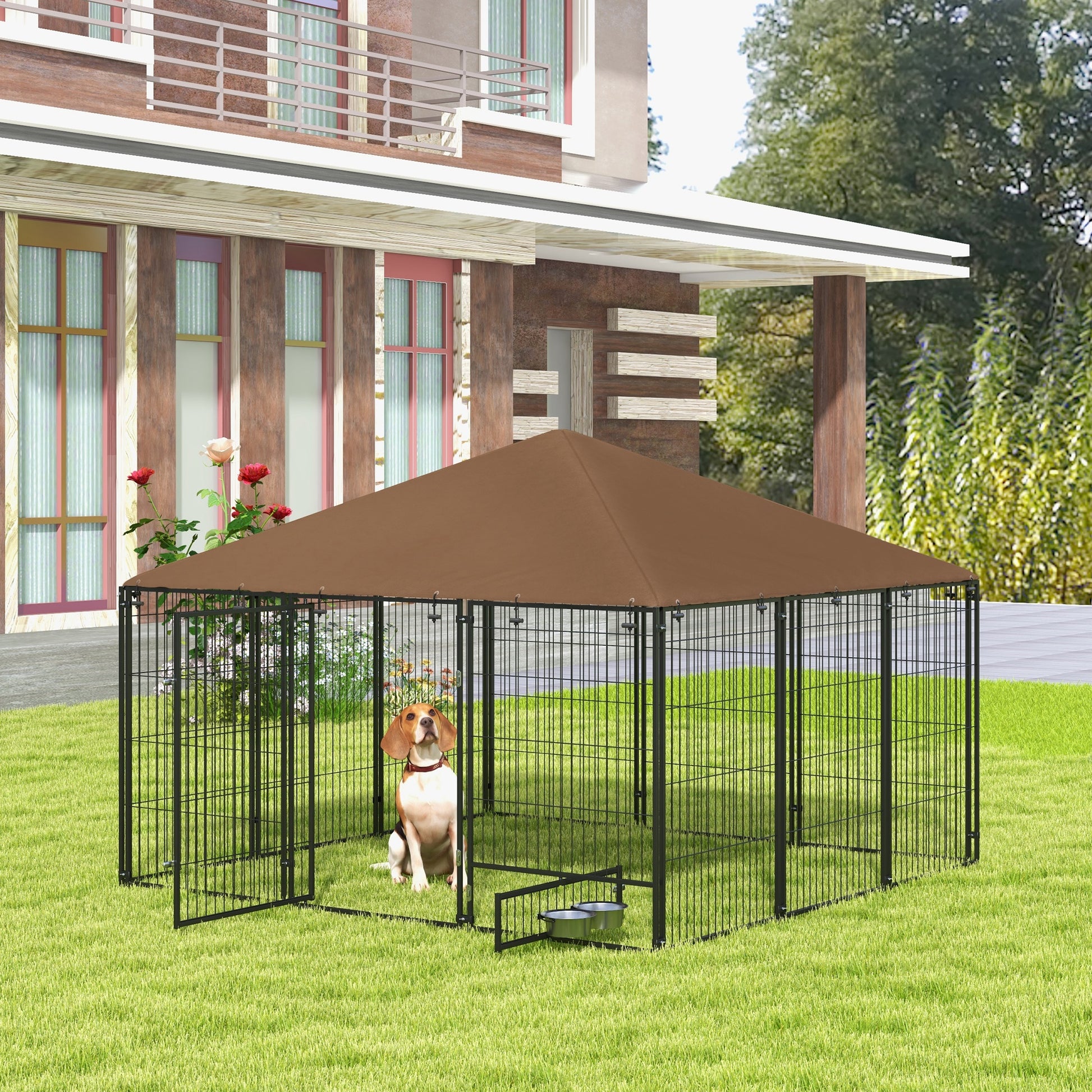 Dog Playpen with Canopy Outdoor Metal Pet Enclosure with Rotating Feeder 2 Bowls for Patio Garden Terrace 211x211x151 cm Black