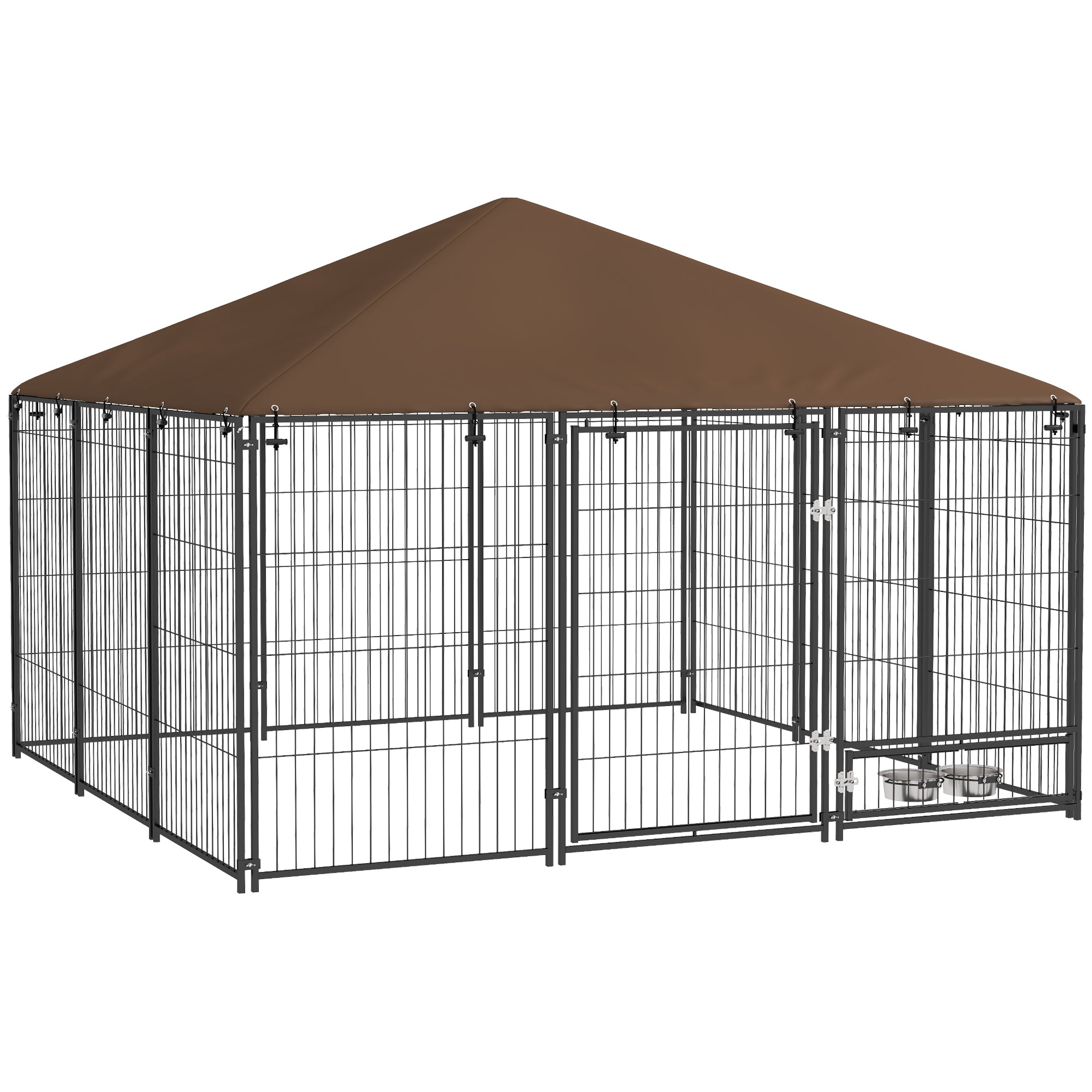 Dog Playpen with Canopy Outdoor Metal Pet Enclosure with Rotating Feeder 2 Bowls for Patio Garden Terrace 211x211x151 cm Black