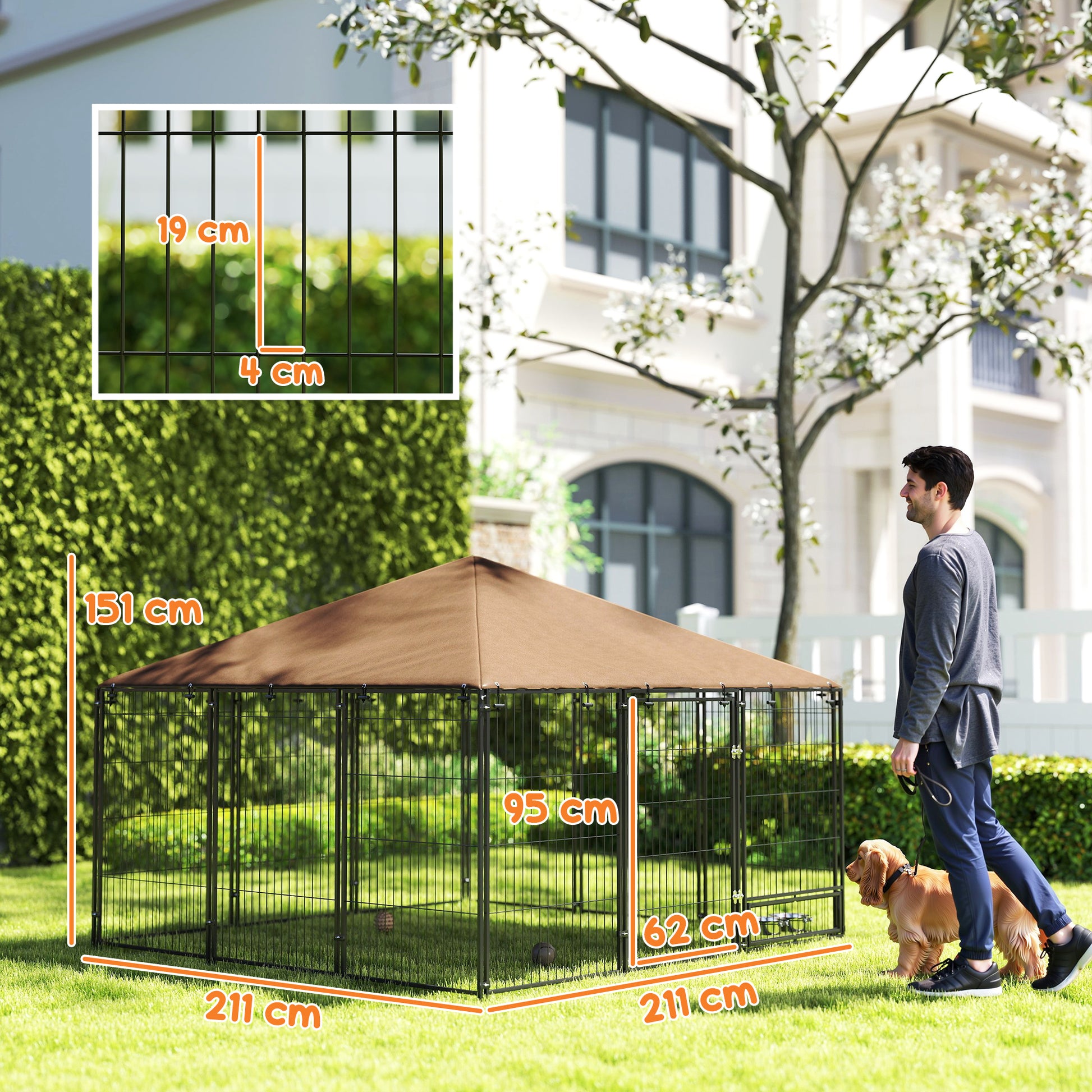 Dog Playpen with Canopy Outdoor Metal Pet Enclosure with Rotating Feeder 2 Bowls for Patio Garden Terrace 211x211x151 cm Black