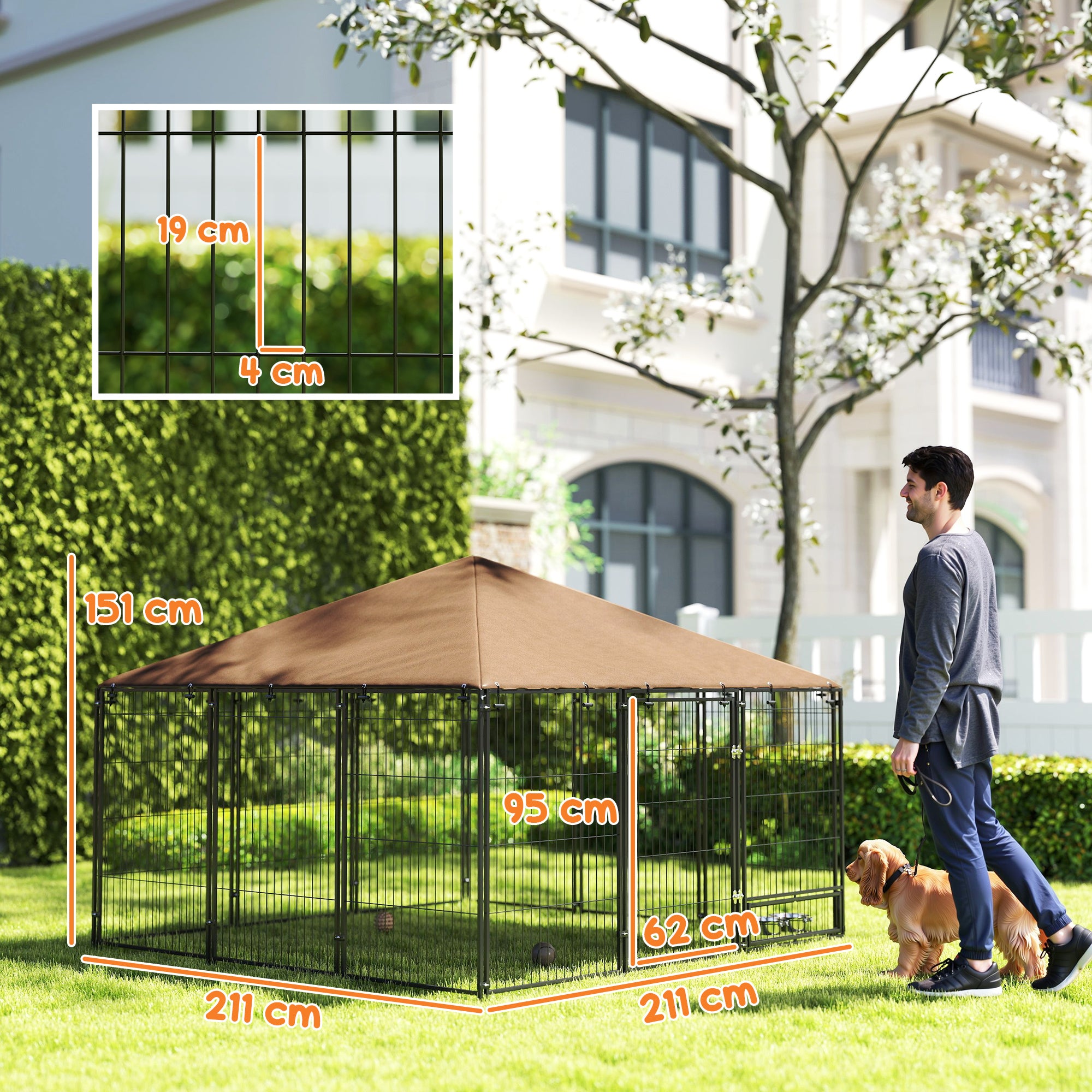 Dog Playpen with Canopy Outdoor Metal Pet Enclosure with Rotating Feeder 2 Bowls for Patio Garden Terrace 211x211x151 cm Black