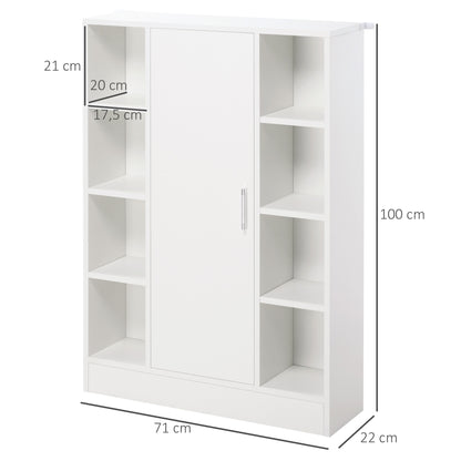White Wooden Floor Cabinet with 8 Open Compartments and 1 Door with Adjustable Shelves Bathroom Storage Cabinet for Kitchen Living Room 71x22x100 cm