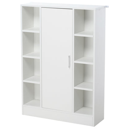 White Wooden Floor Cabinet with 8 Open Compartments and 1 Door with Adjustable Shelves Bathroom Storage Cabinet for Kitchen Living Room 71x22x100 cm