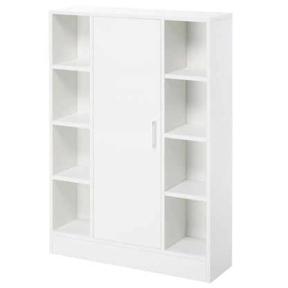 White Wooden Floor Cabinet with 8 Open Compartments and 1 Door with Adjustable Shelves Bathroom Storage Cabinet for Kitchen Living Room 71x22x100 cm