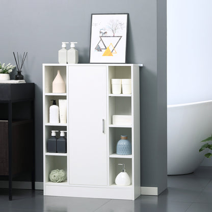 White Wooden Floor Cabinet with 8 Open Compartments and 1 Door with Adjustable Shelves Bathroom Storage Cabinet for Kitchen Living Room 71x22x100 cm