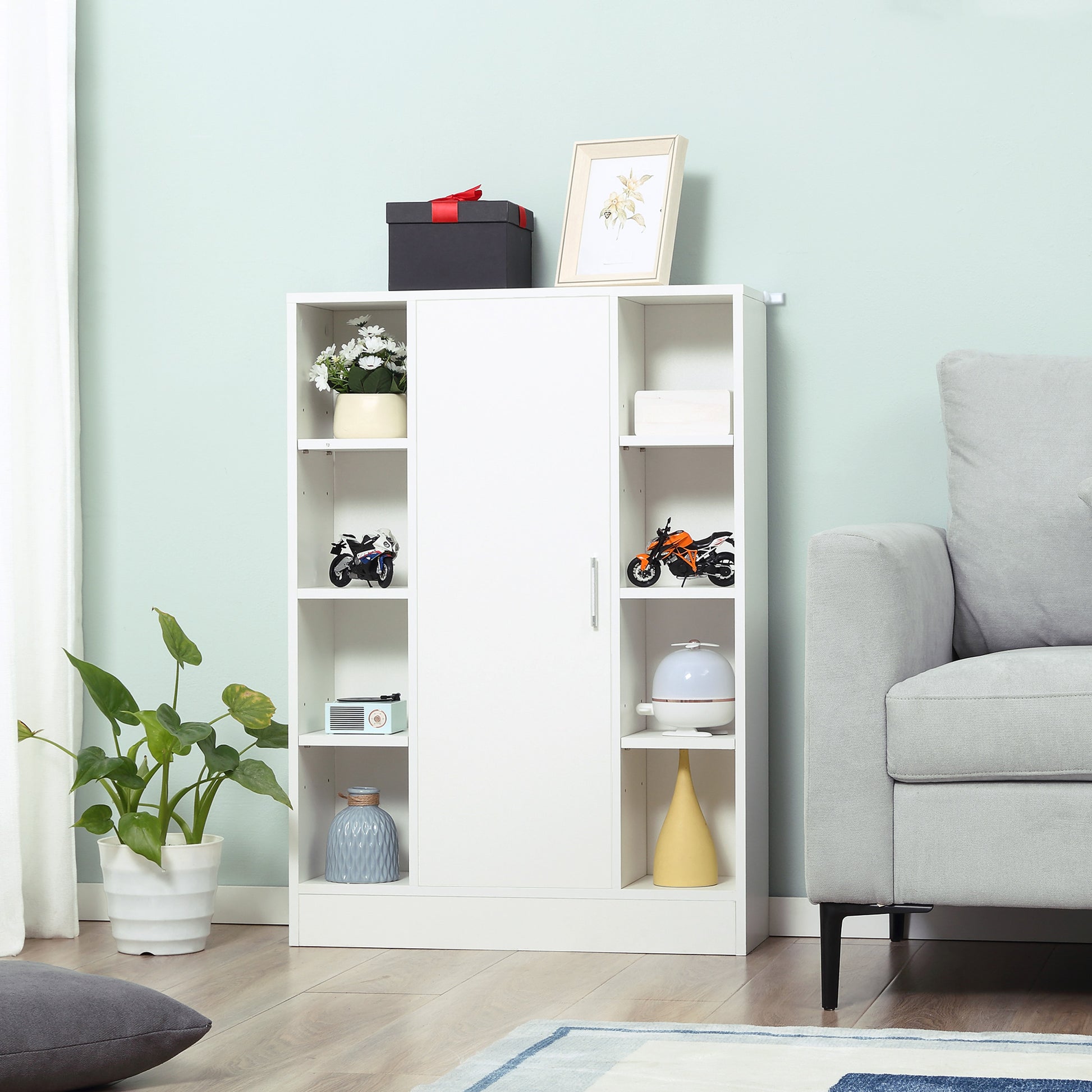 White Wooden Floor Cabinet with 8 Open Compartments and 1 Door with Adjustable Shelves Bathroom Storage Cabinet for Kitchen Living Room 71x22x100 cm