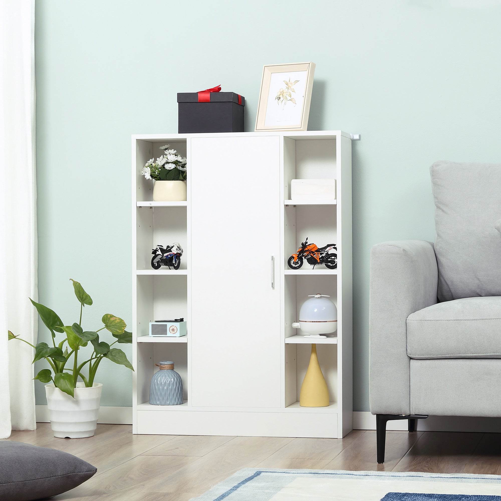 White Wooden Floor Cabinet with 8 Open Compartments and 1 Door with Adjustable Shelves Bathroom Storage Cabinet for Kitchen Living Room 71x22x100 cm