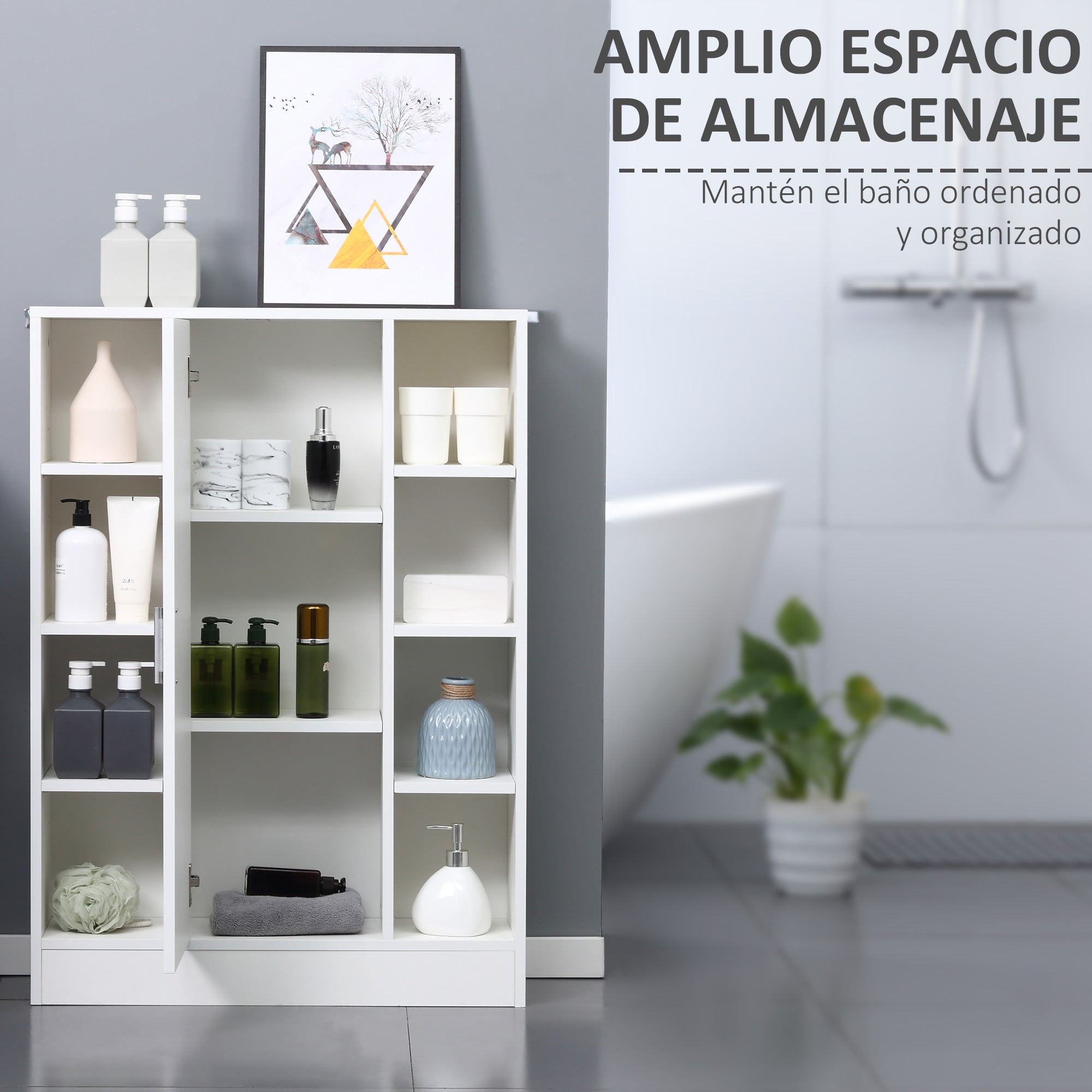 White Wooden Floor Cabinet with 8 Open Compartments and 1 Door with Adjustable Shelves Bathroom Storage Cabinet for Kitchen Living Room 71x22x100 cm