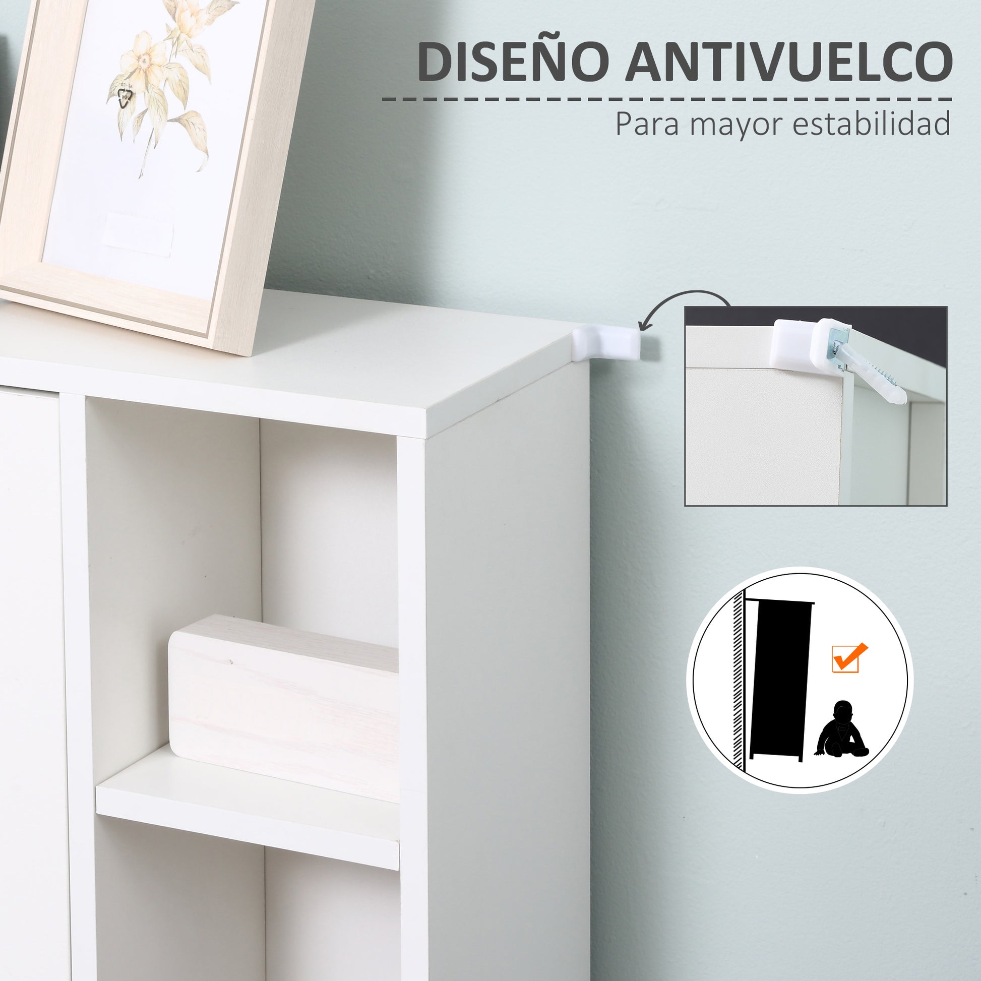 White Wooden Floor Cabinet with 8 Open Compartments and 1 Door with Adjustable Shelves Bathroom Storage Cabinet for Kitchen Living Room 71x22x100 cm